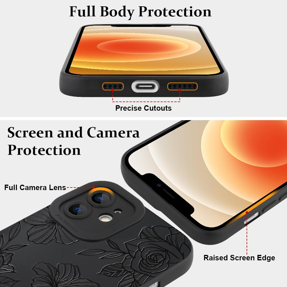 Lsl Case For Iphone 12 Black Floral Flower Pattern Print Case Soft Tpu Full Camera Lens Anti Drop Anti Scratch Shockproof Protec