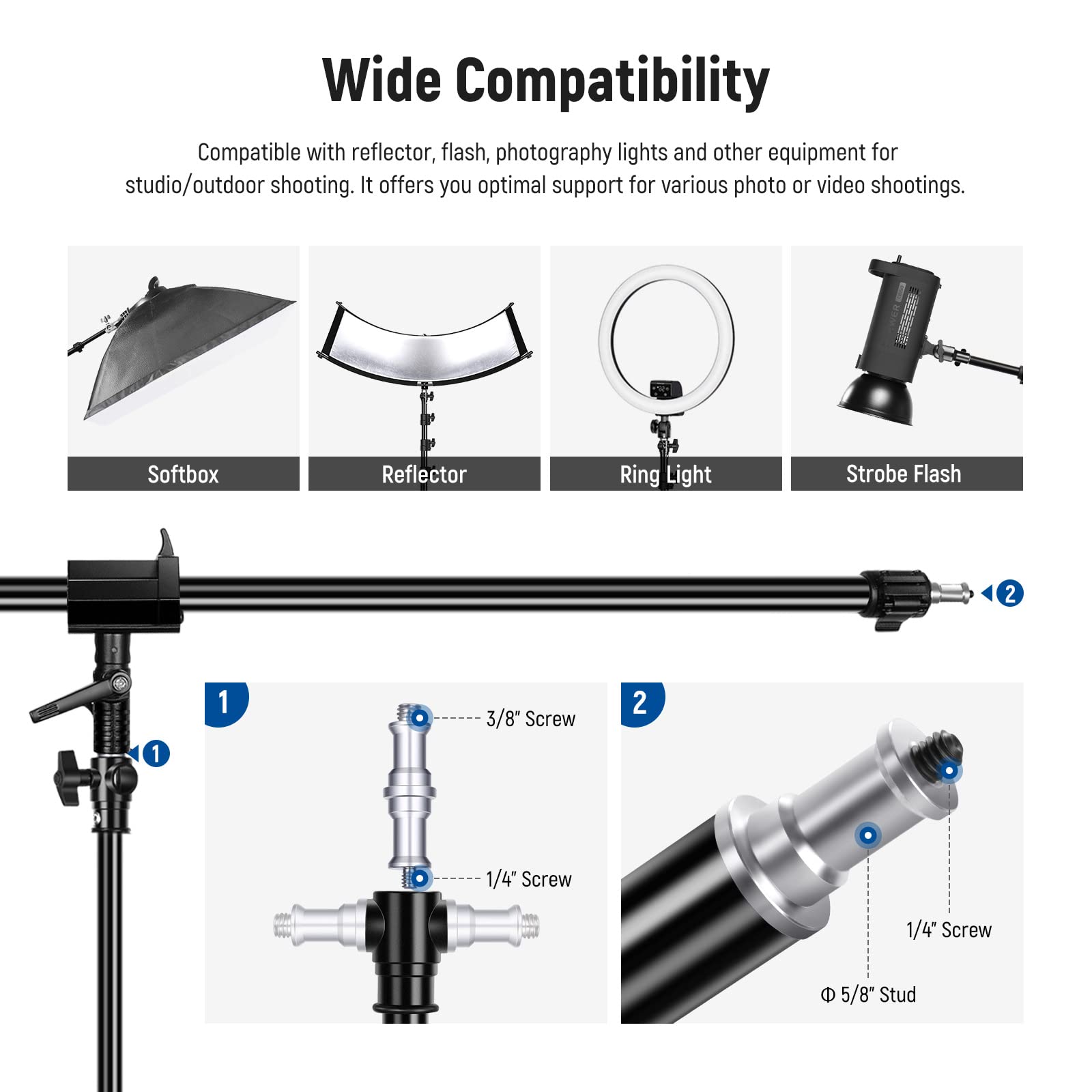 Neewer Air Cushioned Aluminum Light Stand, 9.8Ft/3M Adjustable Photography Stand With Boom Arm, Counterweight, Sandbag, 1/4 Scre