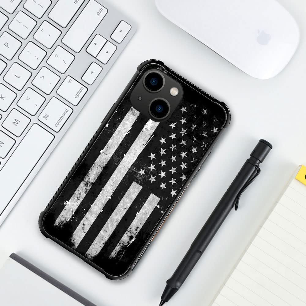ZHEGAILIAN iPhone 14 Plus Case Tempered Glass Back Soft TPU Shock Protective Black White Grunge American Flag 6.7-inch