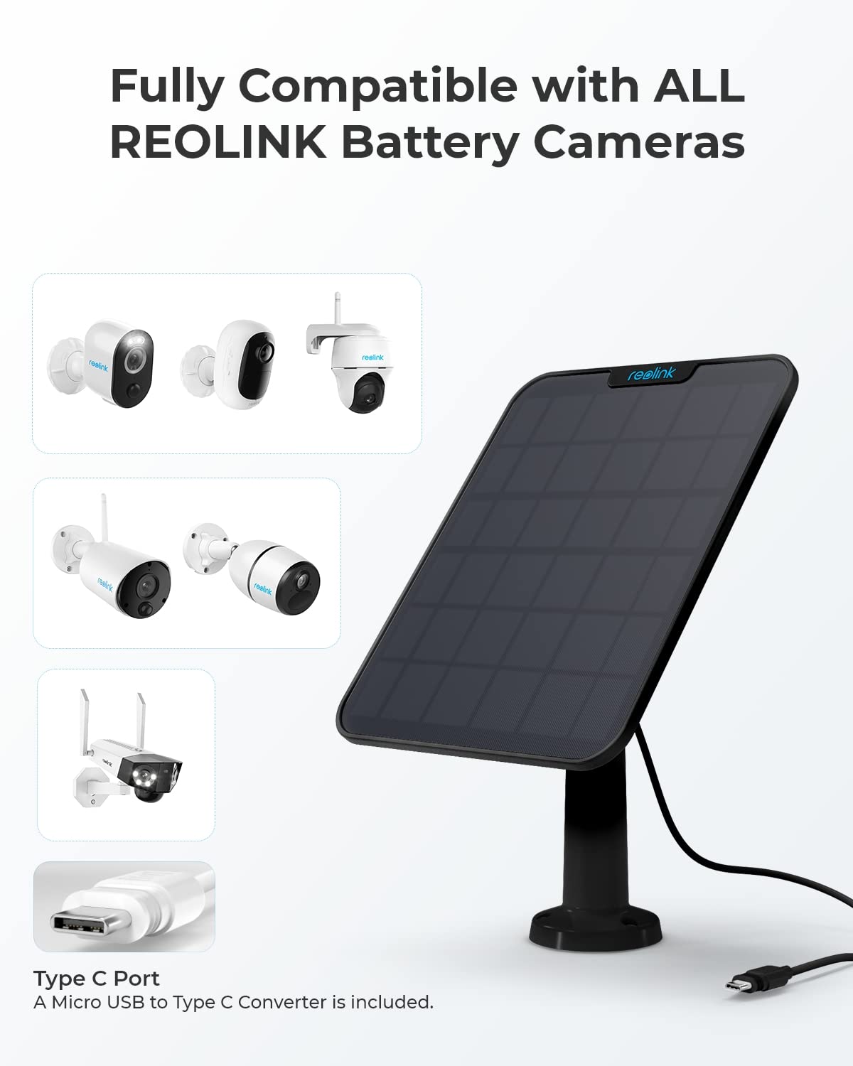 Reolink 6W Solar Panel Black, Non Stop Solar Power Supply For All Wireless Battery Camera Outdoor, Compatible With Trackmix/Argu