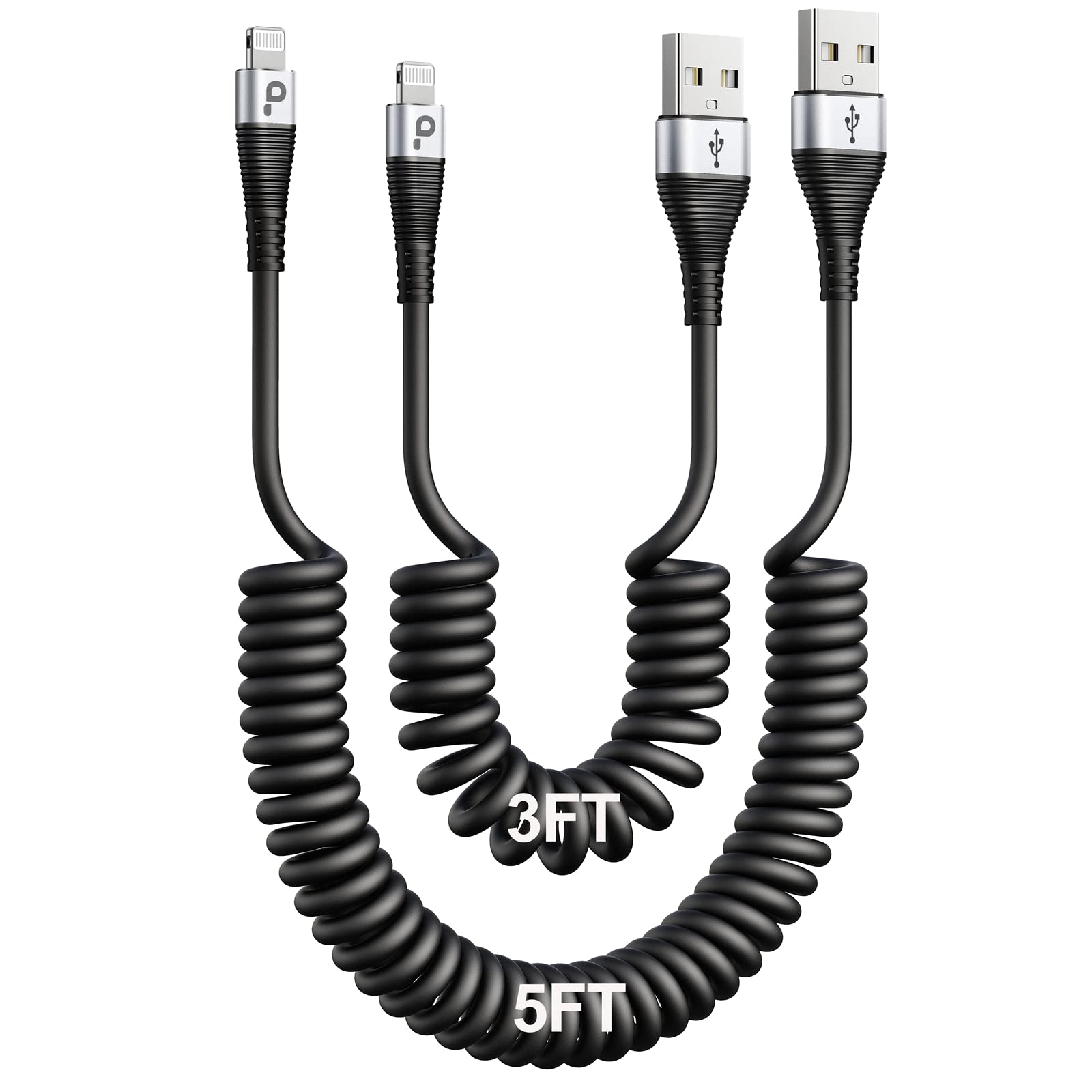 Iphone Charger Cable For Car (3Ft/5Ft), 2Pack Coiled Lightning Cable, [Apple Mfi Certified] Retractable Charging Cord Compatible