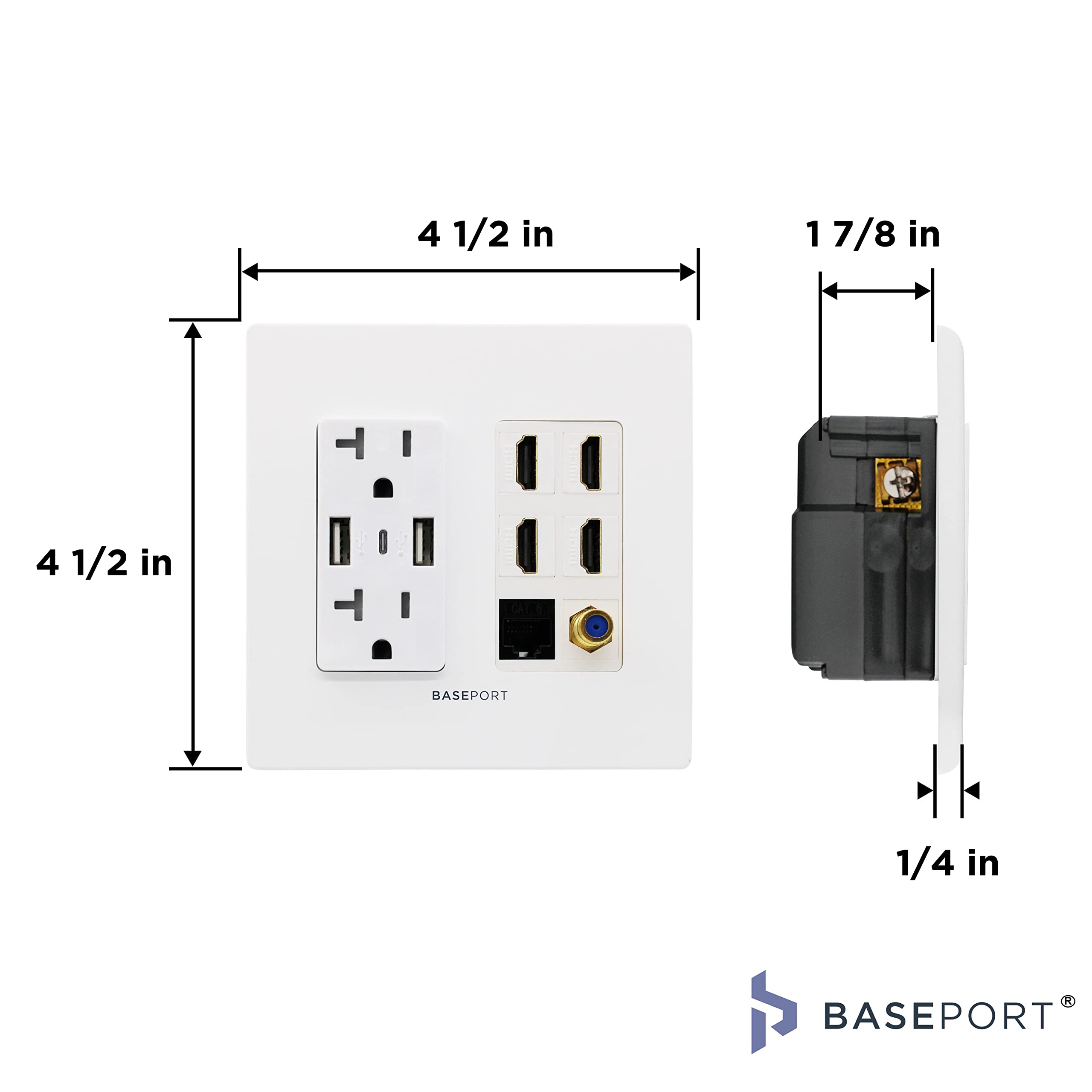 Baseport Premium Media Outlet Wall Plate   6.3A Usb Wall Outlet 2 Usb A 2.0 + 1 Usb C 3.0, 20A Dual Power Outlet, 4 Hdmi Keyston