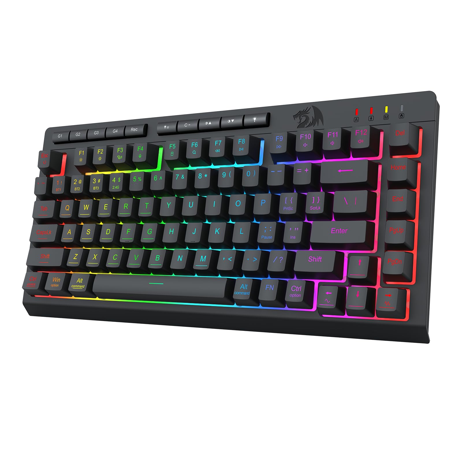 Redragon Portable Wireless Gaming Keyboard, Extra On-Board Macro Keys, Bluetooth/2.4Ghz/Usb-C, Rgb Backlit, Anti-Ghosting, Recha