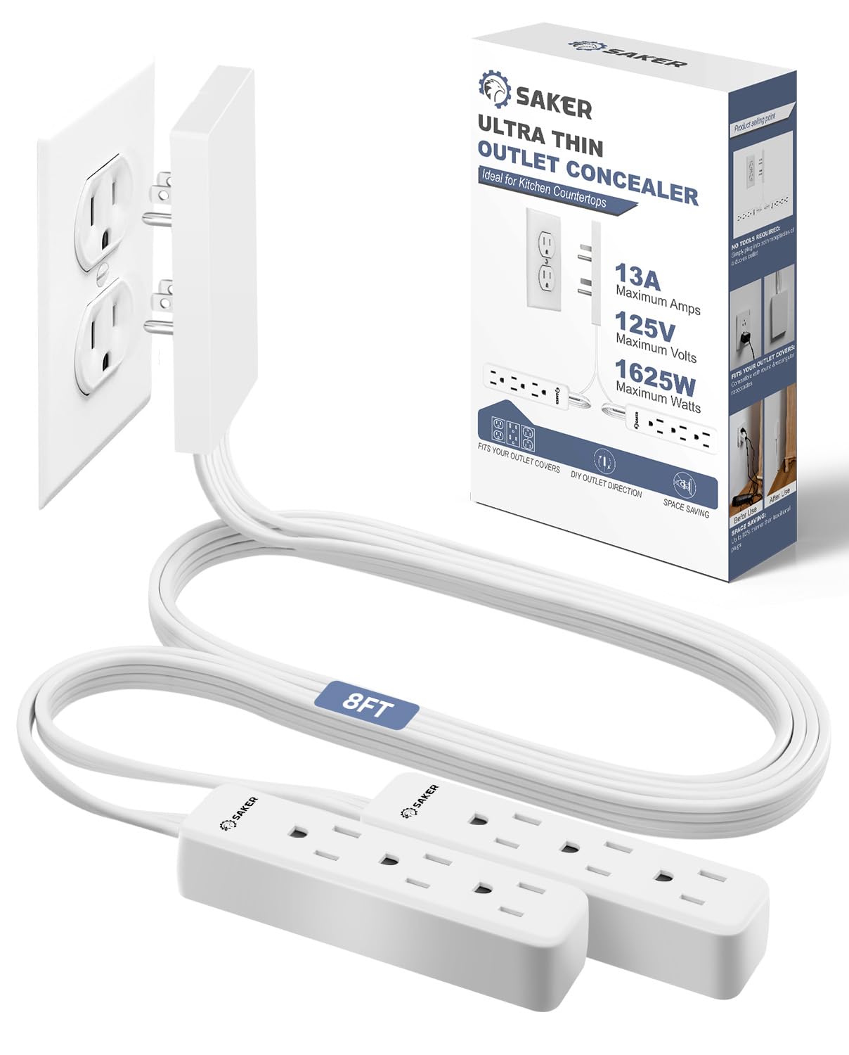 Saker Outlet Cover Extension Cord | 8Ft Flat Extension Cord With 3 Outlets,1625W | Universal Size Outlet Concealer | Outlet Cove