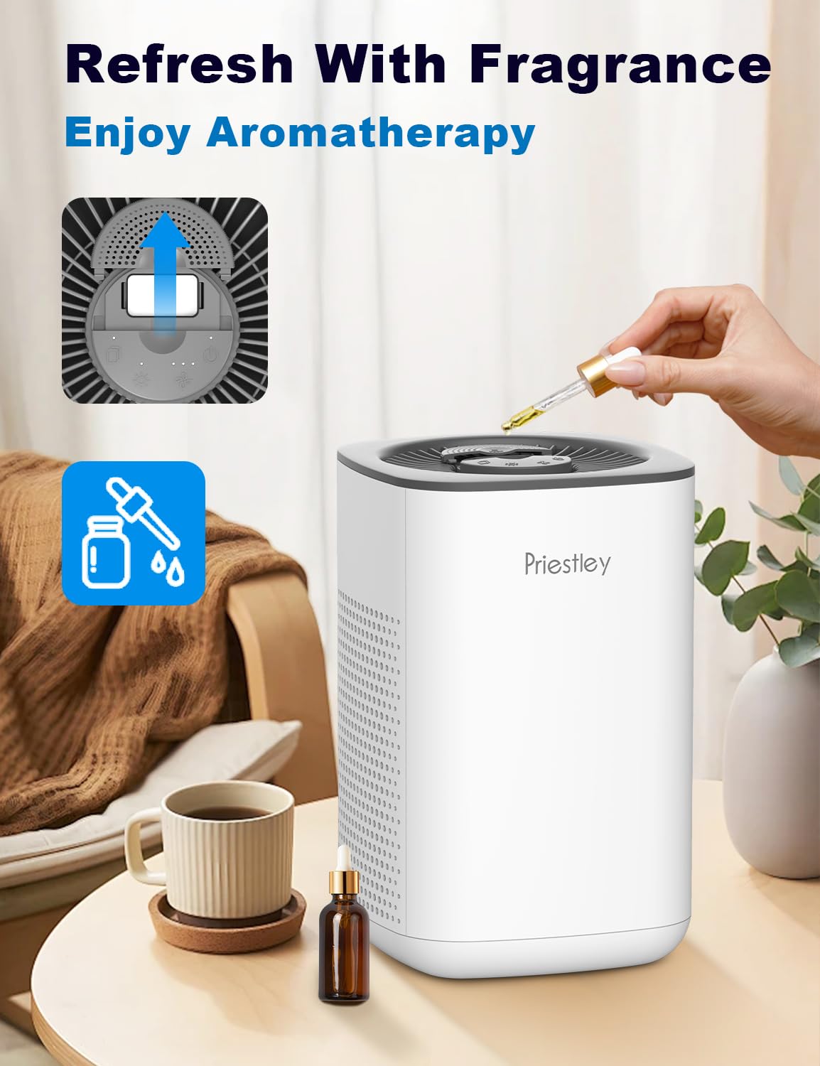 Priestley Air Purifiers For Small Home Bedroom Dorm Office Desktop, 20Db Quiet 3 In 1 Hepa Air Purifier With Essential Oil Diffu