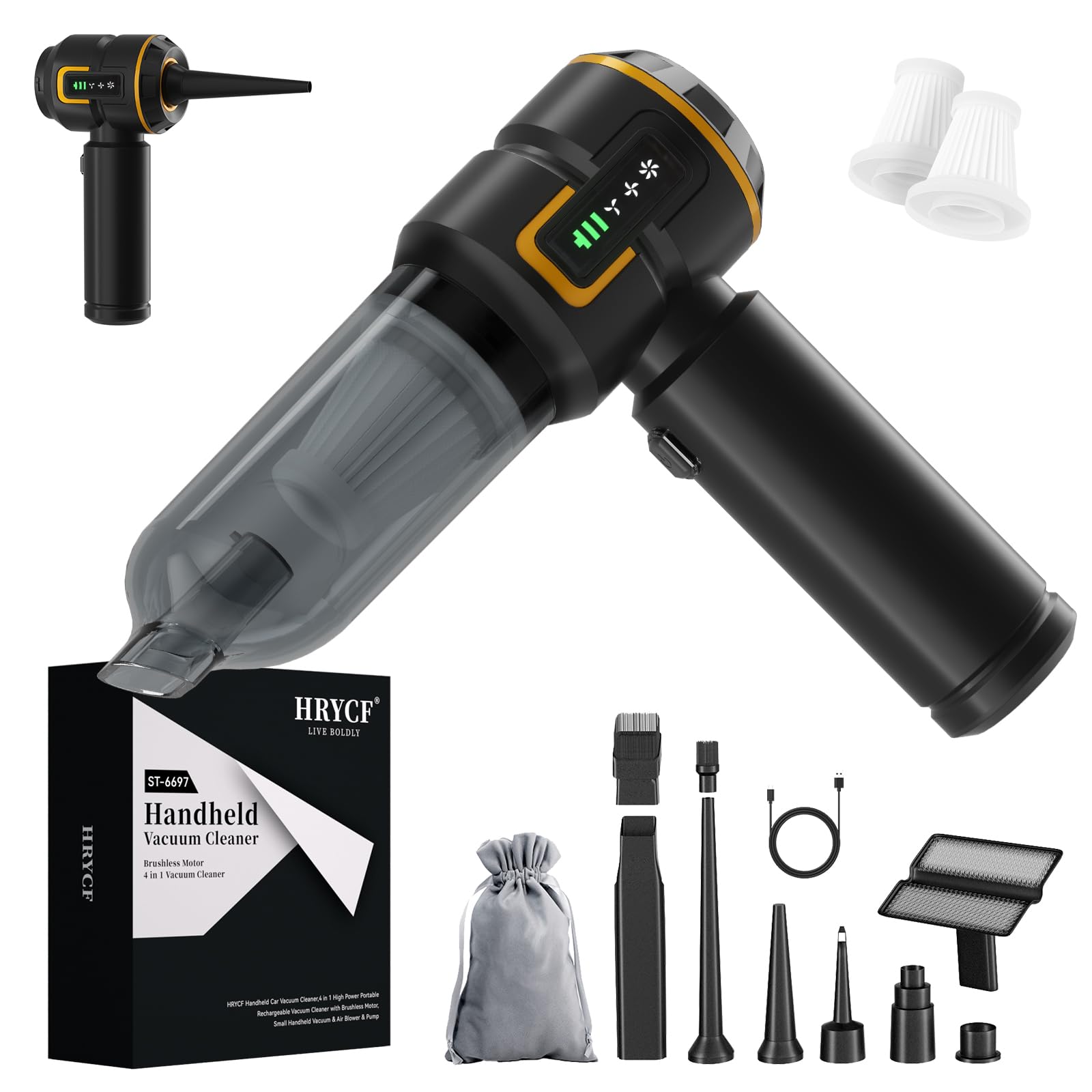 HRYCF Car Vacuum Cleaner,Advanced Clean Cordless Handheld Vacuum, 4-in-1 20000PA High Power Portable Rechargeable Vacuum Cleaner