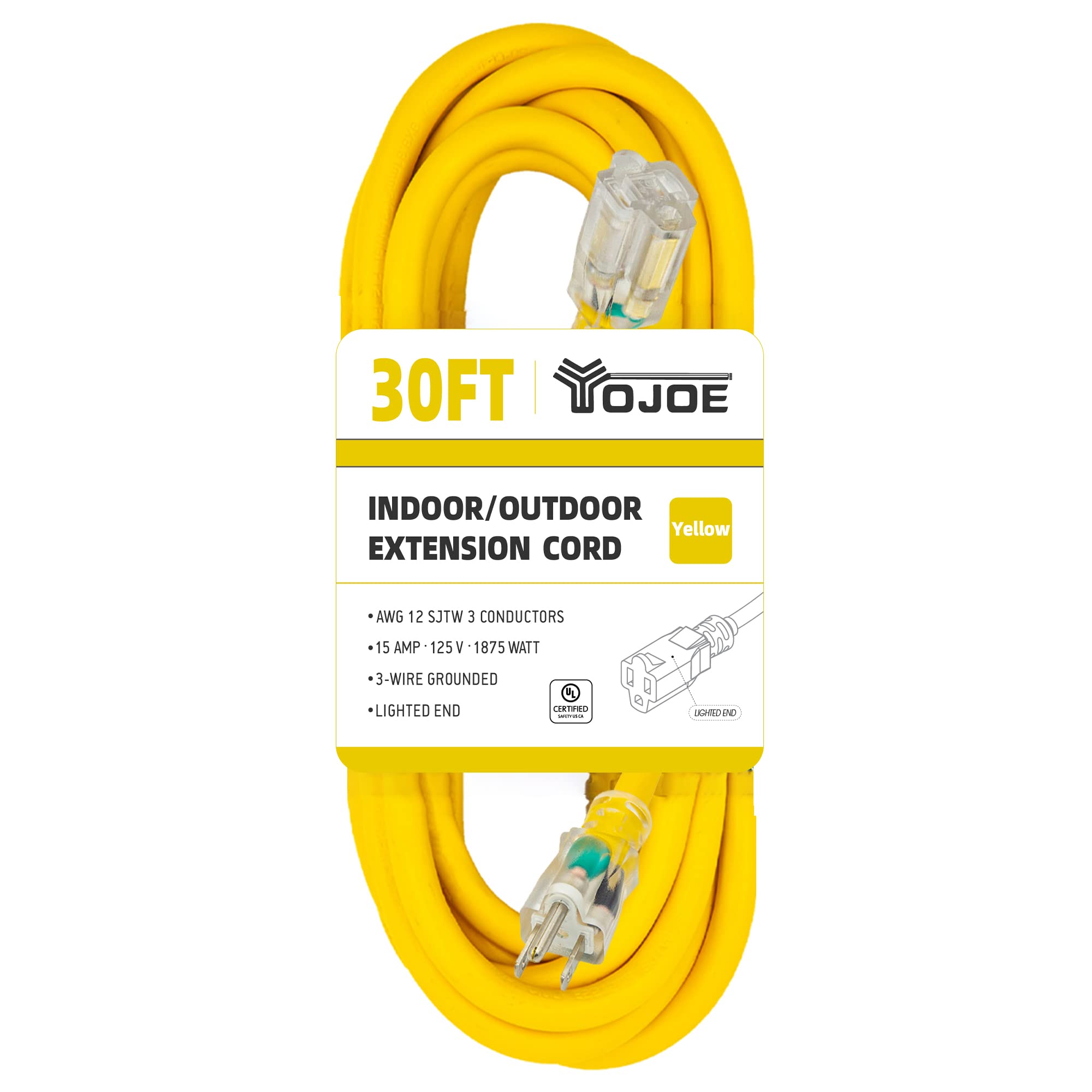 Yojoe Indoor Outdoor Extension Cord With Lighted End, 3 Prong 15A Weatherproof Power Extension Cord, 12 Gauge Heavy Duty 30 Ft Y