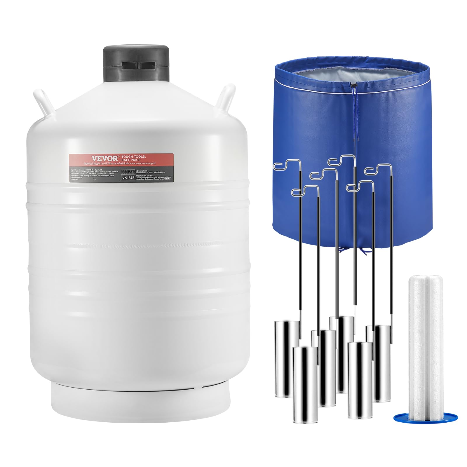 VEVOR Liquid Nitrogen Tank, 30 L Aluminum Alloy Liquid Nitrogen Container, LN2 Tank Dewar with 6 Canisters and Carry Bag with St
