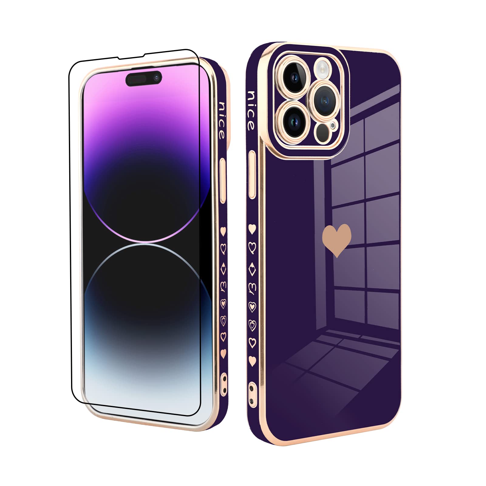 Fiyart Iphone 14 Pro Max Case, Love Heart Design, Women & Girls, Tpu Electro Plating, Camera Lens Protection, Screen Protector  