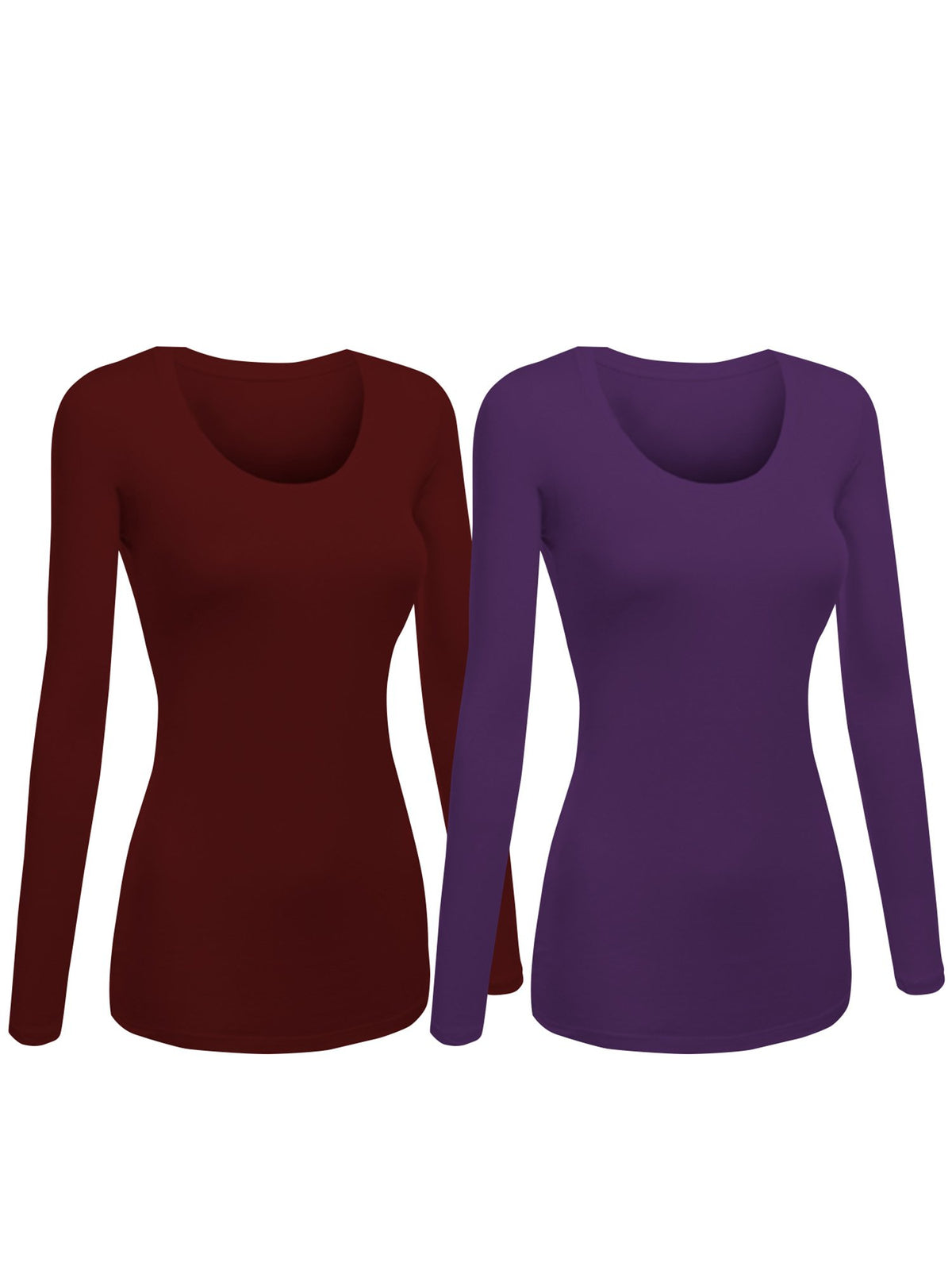 Emmalise Womens Junior And Plus Size Basic Scoop Neck Tshirt Long Sleeve Tee, Medium, 2Pk Purple, Burgundy