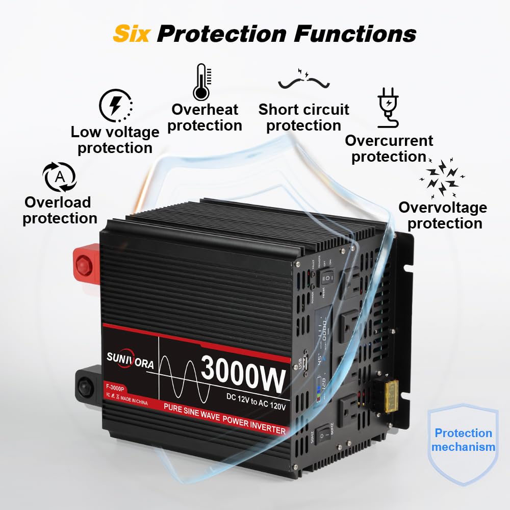 Sunivora 3000 Watt Pure Sine Wave Power Inverter With Lcd 12V Dc To 110V/120V Ac Peak Power 6000W Car Power Inverter With 4 Ac O