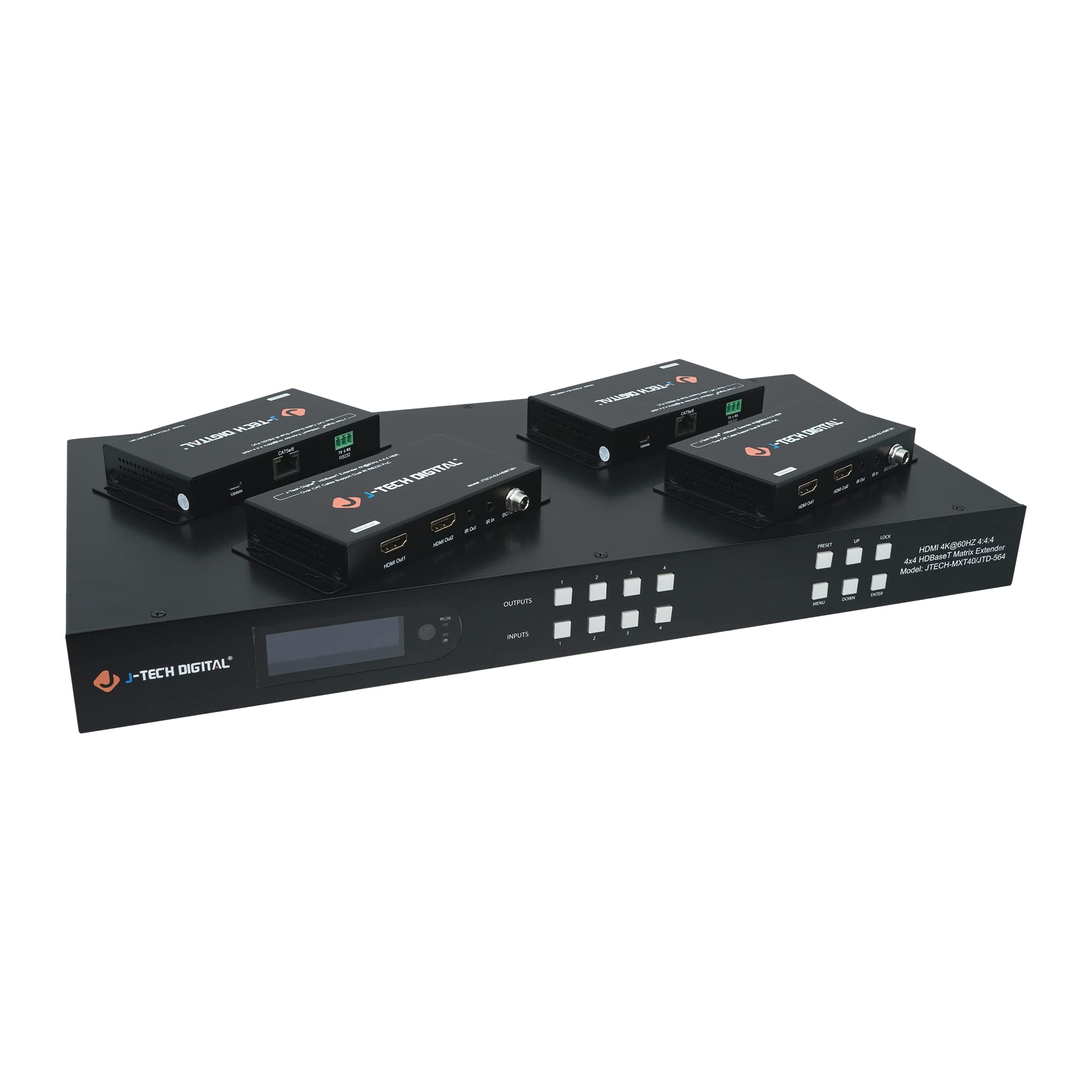 JTech Digital HDBaseT 4x4 Matrix Extender Switcher Supports HDMI2.0 HDCP2.2 4K60Hz 4:4:4 HDR Dolby Vison with 4 PoC Receivers, 