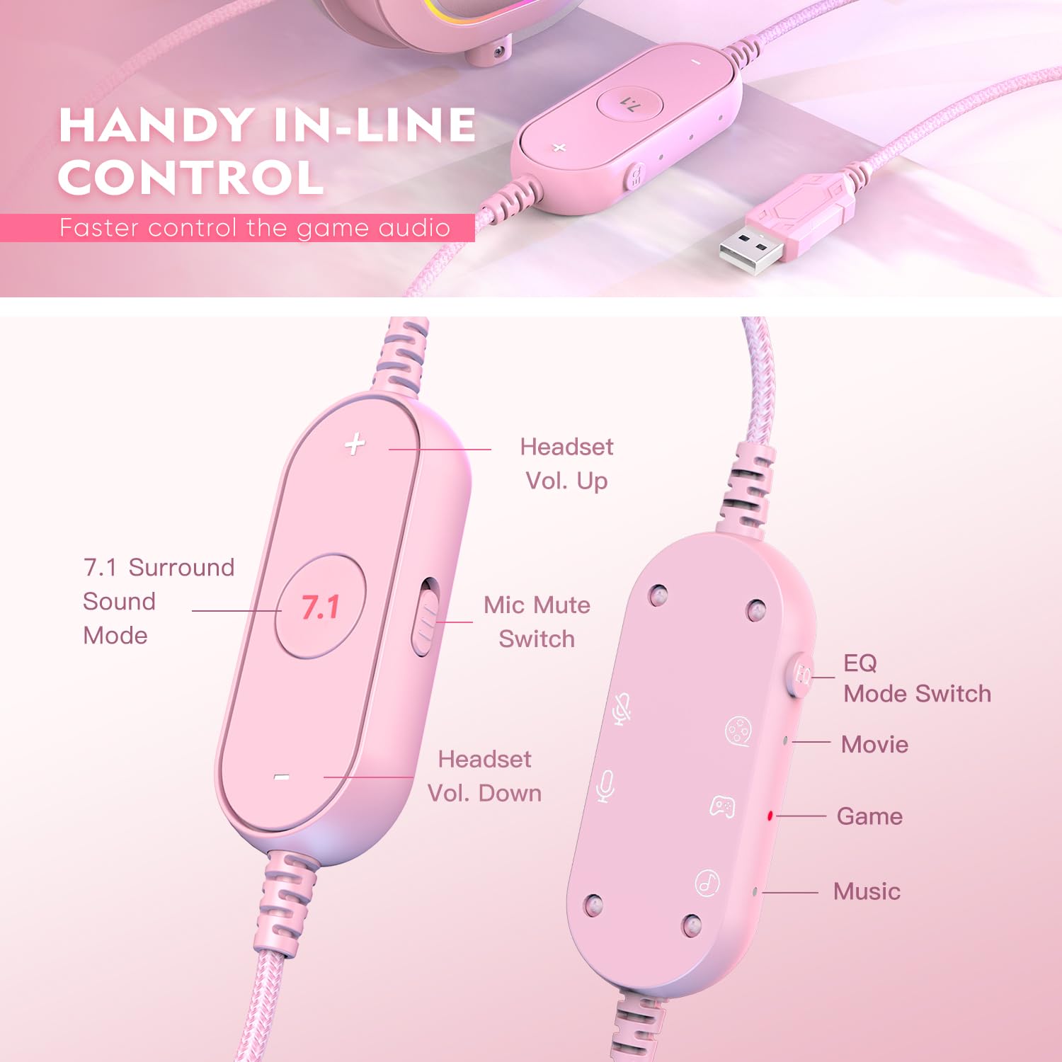 Fifine Pc Gaming Headset, Usb Wired Headset With Microphone, 7.1 Surround Sound, In-Line Control, Computer Rgb Over-Ear Headphon