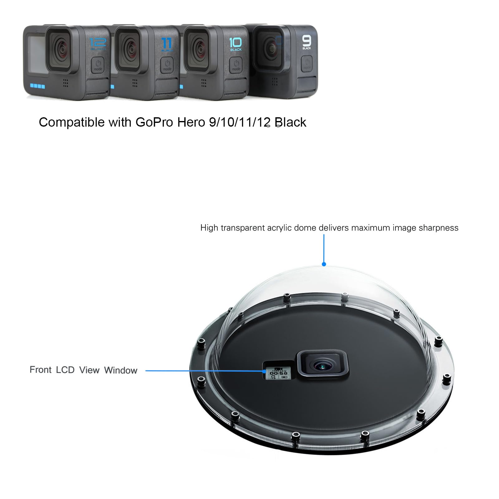 Soonsun Dome Port For Gopro Hero 13/12/11/10/9 Black, 45M Underwater Water Dome Lens With Waterproof Housing Case, Floating Hand