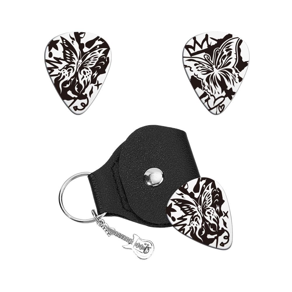 Unicraftale 1Pc Guitar Picks Gifts Butterfly Stainless Steel Guitar Picks DoubleSide Laser Personalized Plectrum With Pu Leathe