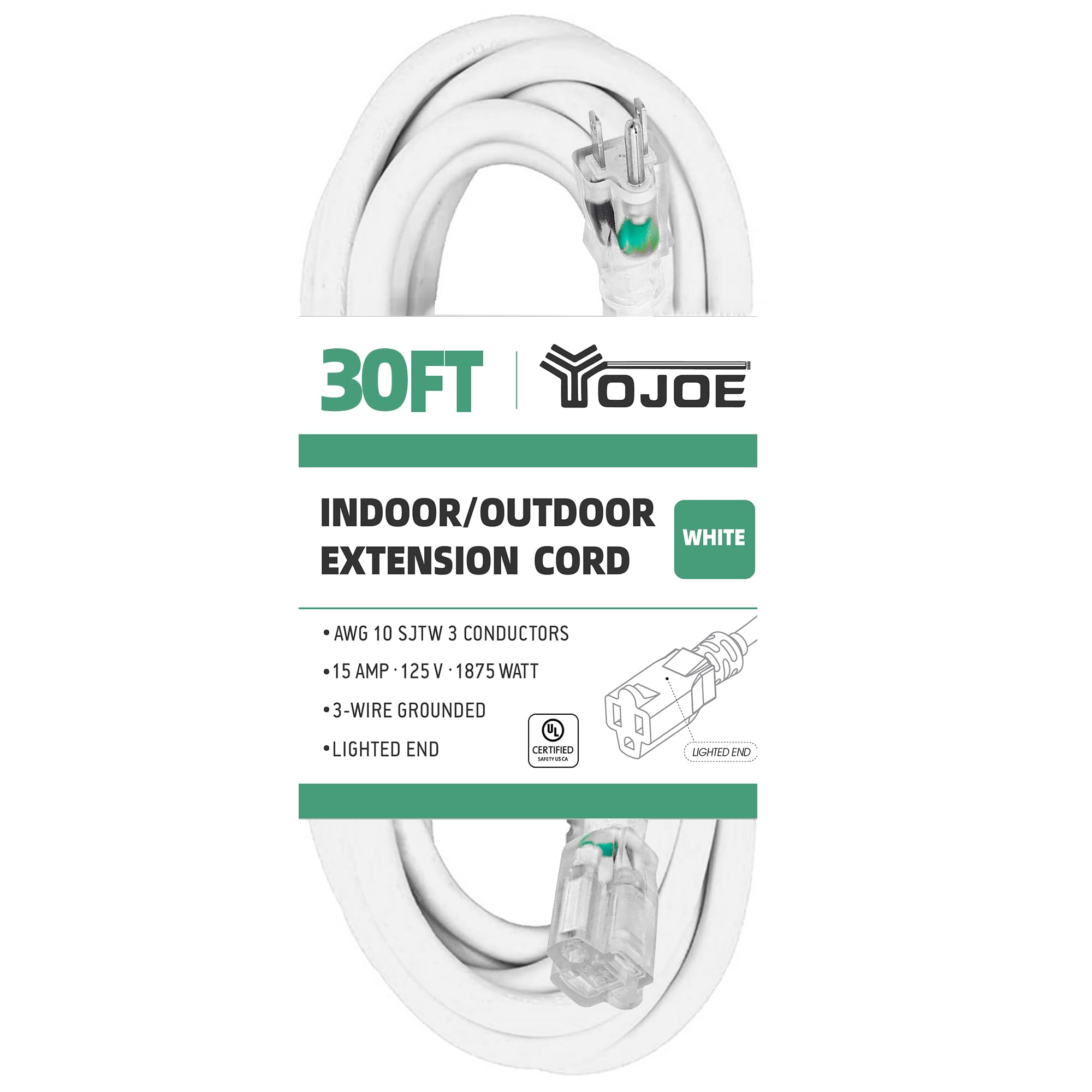 Yojoe Indoor Outdoor Extension Cord With Lighted End, 3 Prong 15A Weatherproof Power Extension Cord, 10 Gauge Heavy Duty 30 Ft W