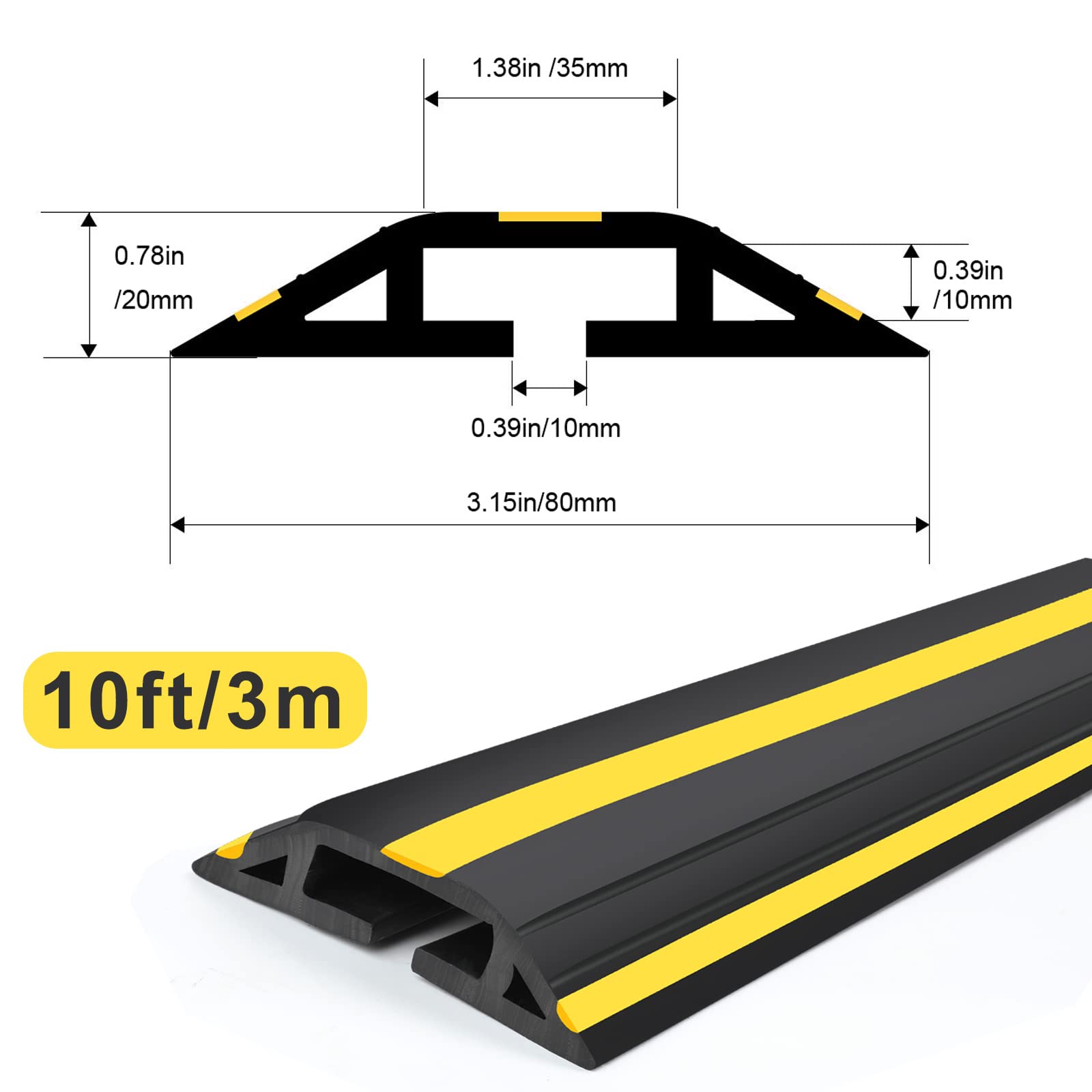 TFMUZERT 10 ft Heavy Duty PVC Floor Cable Cover Protector - Black & Yellow, Easy to Unroll Trip Hazard Prevention