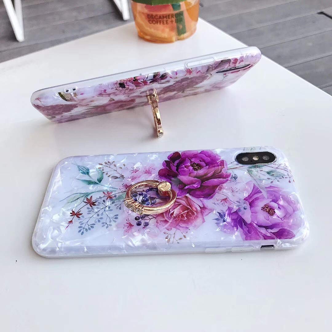 Qokey iPhone 11 Pro Max Case 6.5" 360 Degree Ring Kickstand Shockproof TPU Mauve Floral