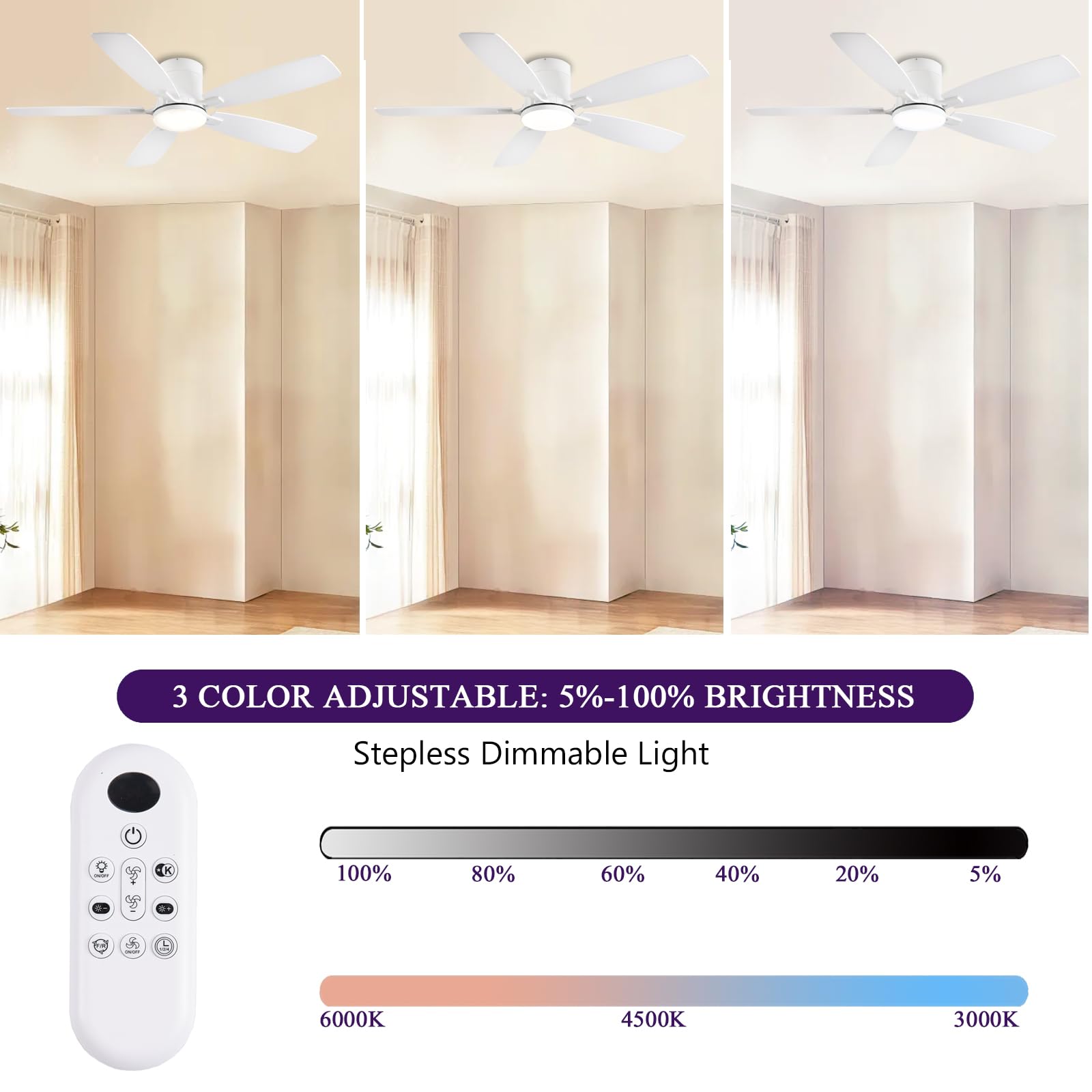 52Inch Flush Mount Ceiling Fans With Lights And Remote/App Control, Dimmable Led, Reversible Dc Motor, Noiseless, Low Profile Wh