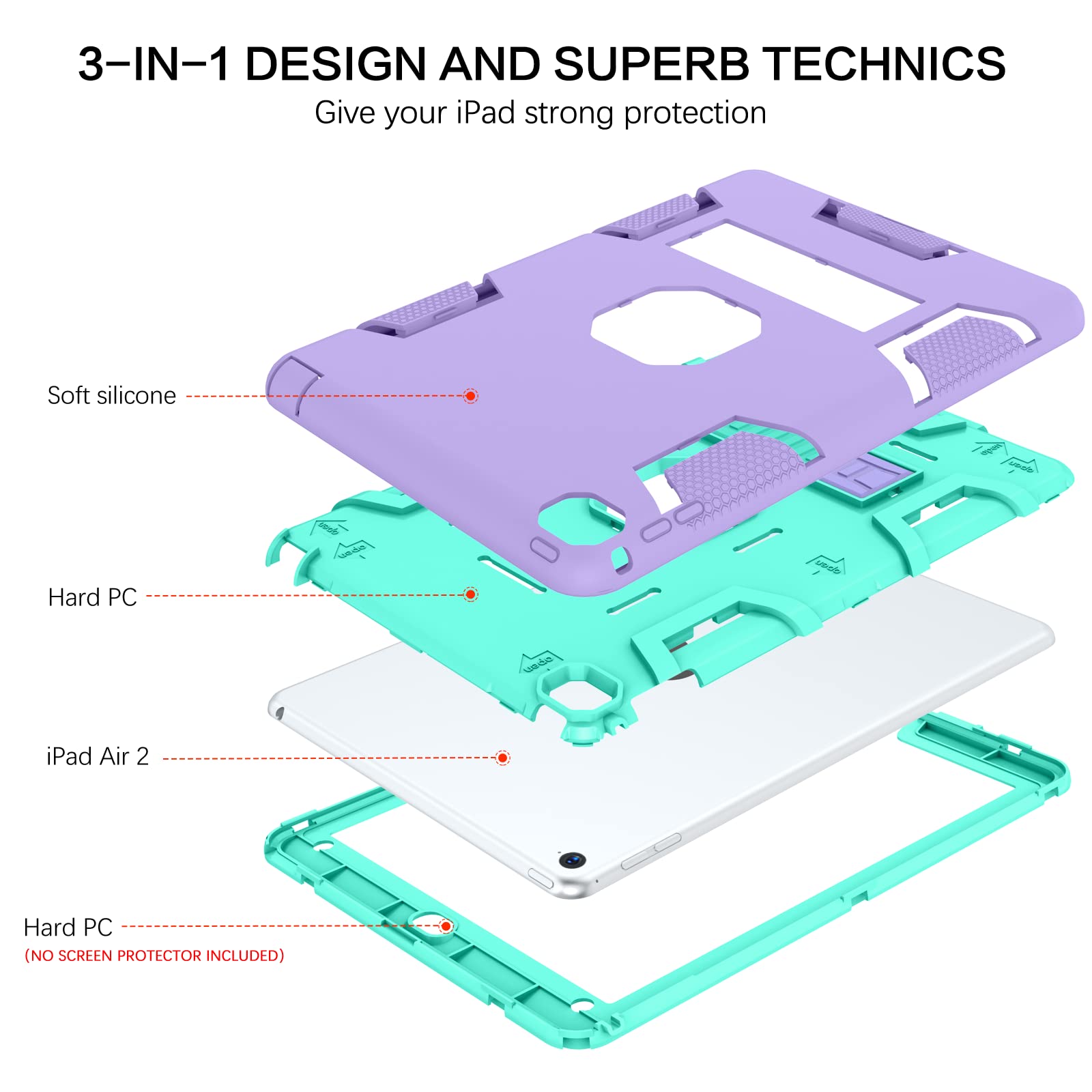 Bentoben For Ipad Air 2 Case, Ipad Air 2Nd Generation Case, 3 In 1 Heavy Duty Shockproof Kickstand Protective Kids Girls Women B