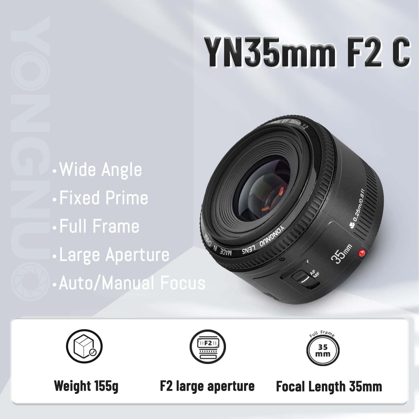 Yongnuo Yn35Mm F2 Lens 1:2 Af/Mf Wide-Angle Fixed/Prime Auto Focus Lens For Canon Ef Mount Eos Camera
