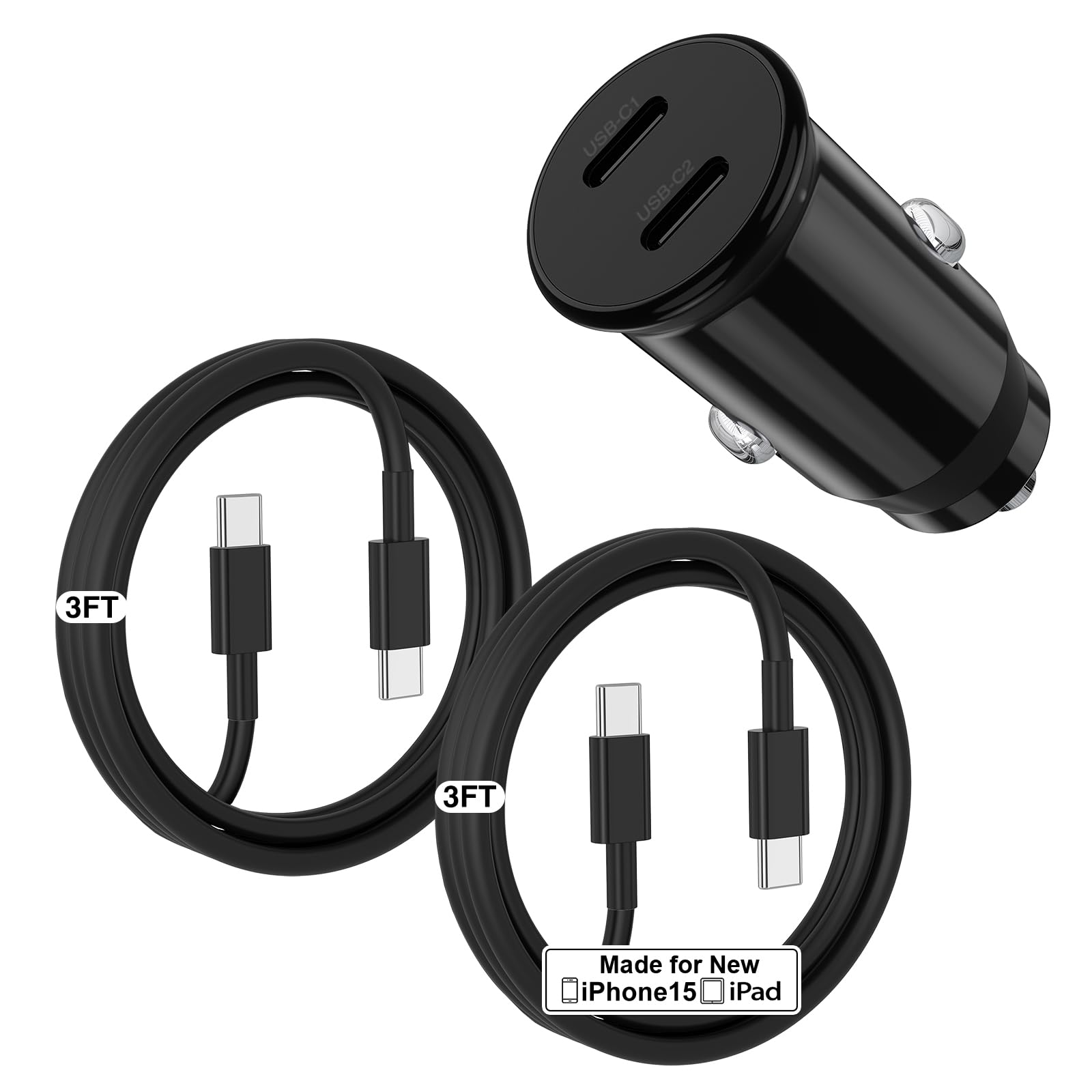 For Iphone 16 15 Pro Max Car Charger Fast Charging, 40W Dual Port Usb C Car Charger With 2Pack Usb C Cable 3Ft,Type C Car Adapte