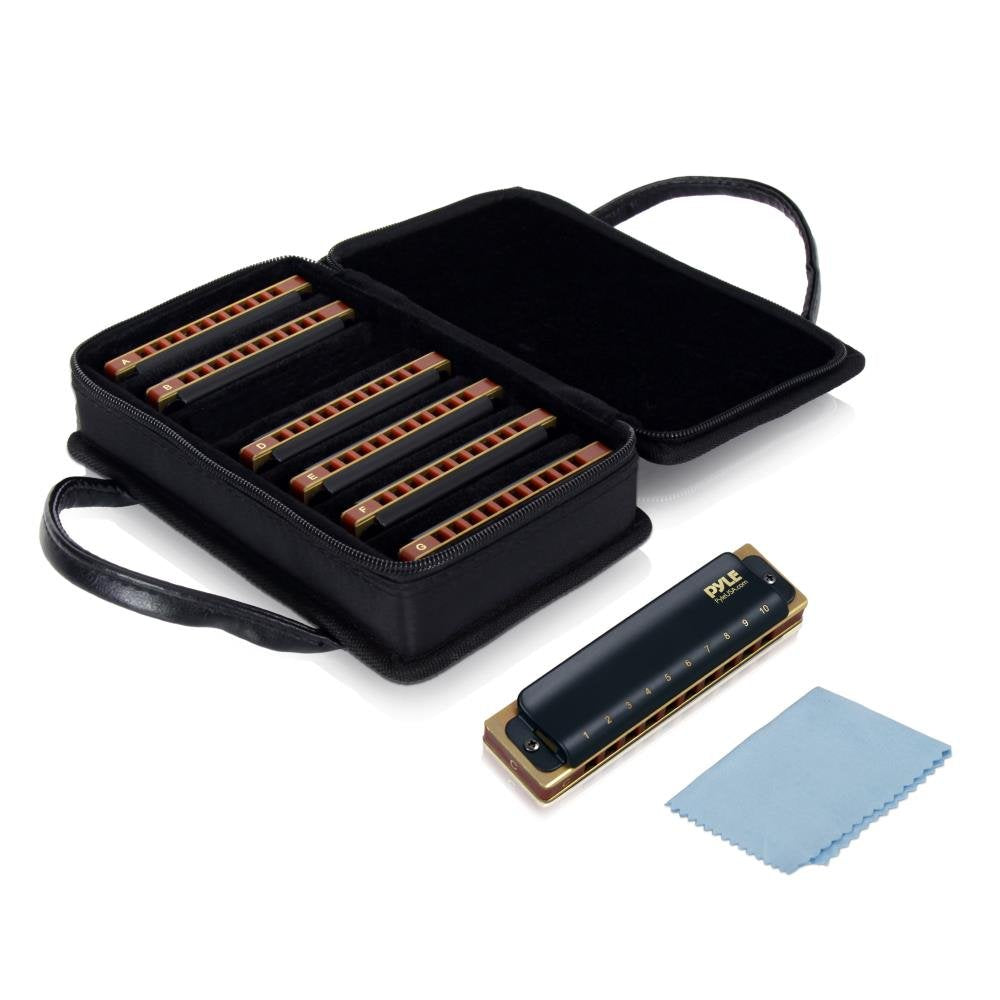 Pyle Professional Brass Metal Covered 10 Hole 7 Piece Diatonic Harmonica Kit   Blues Harp Set Includes Storage Case And Polishin