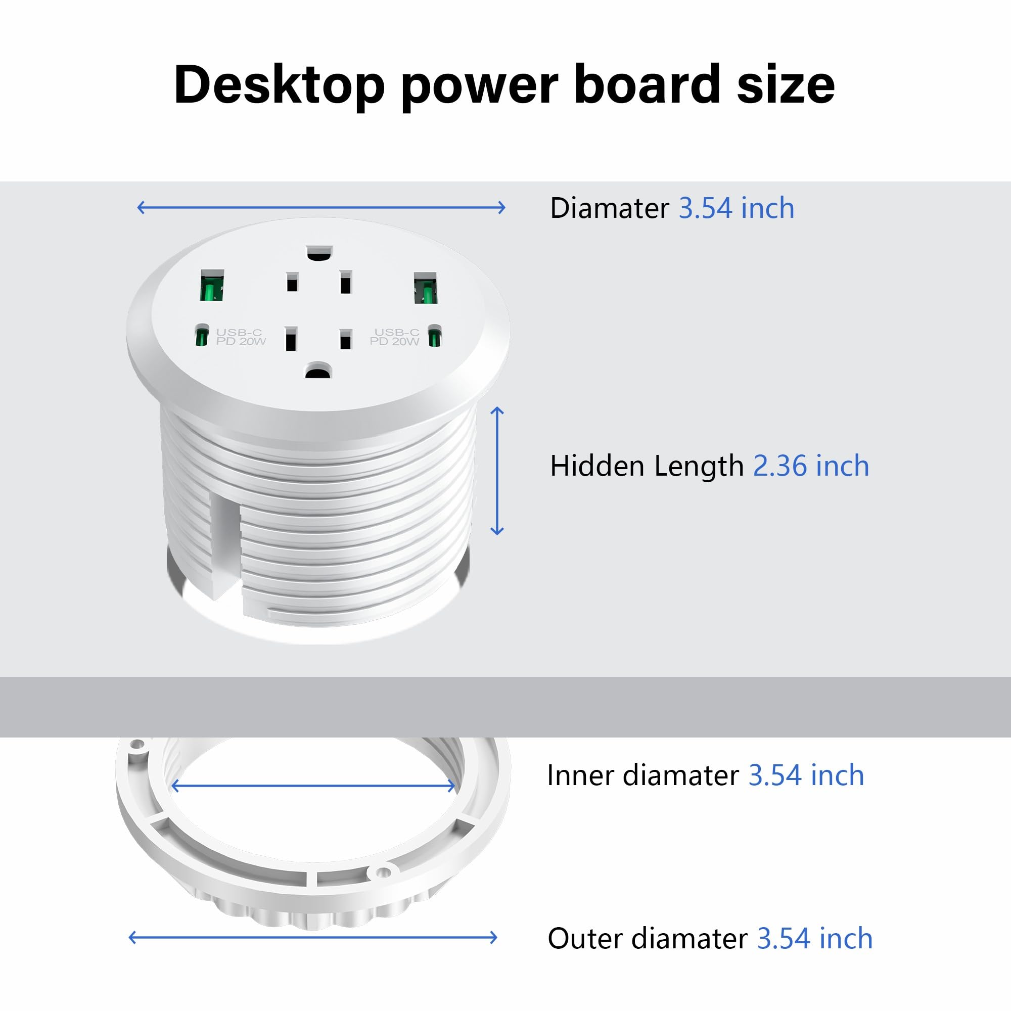 Desktop Power Grommet, 40W Fast Charging Station, 2 Ac Outlets, 4 Usb Ports, Flush Mount Power Grommet 3 Inch Hole, 2 Pd 20W Usb