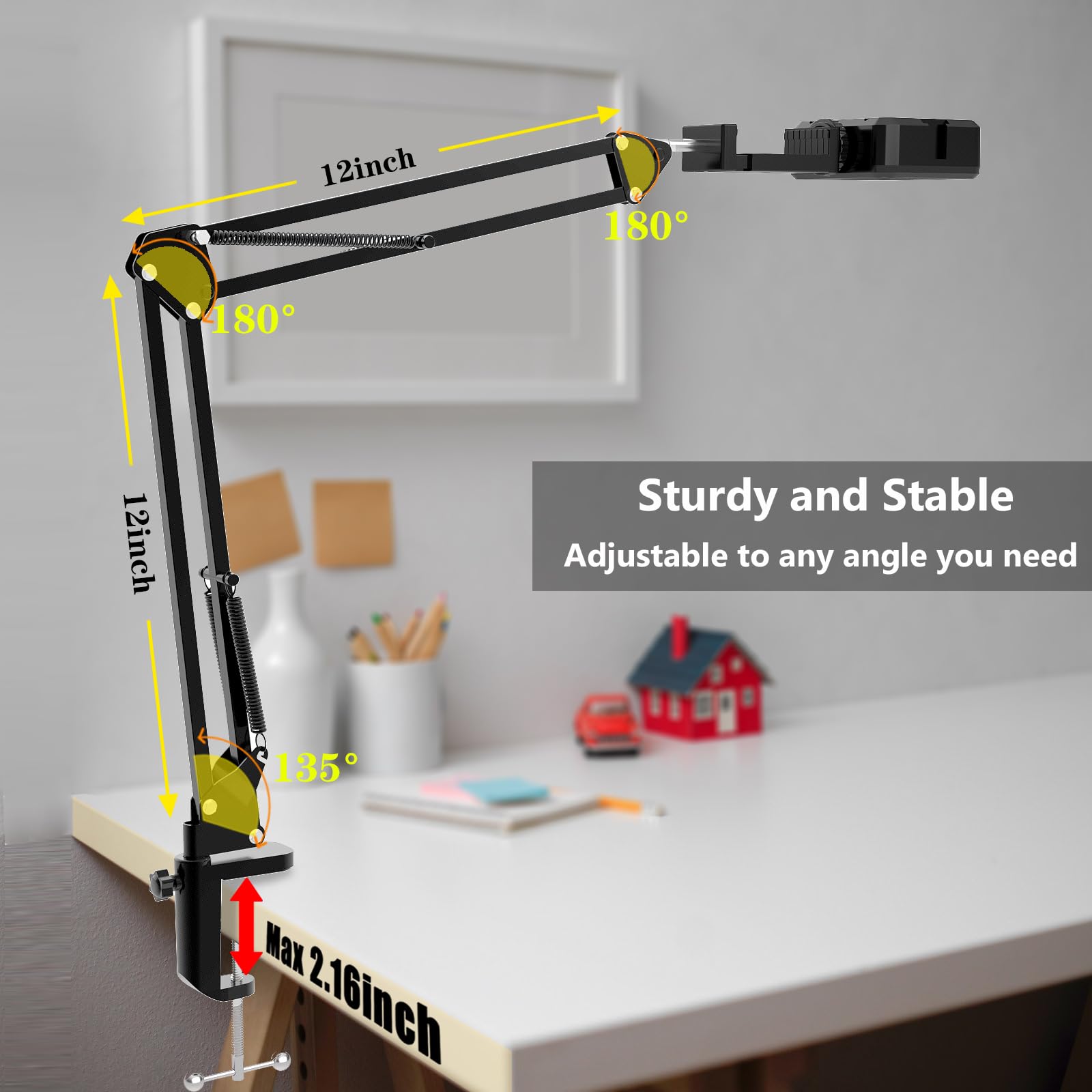 Overhead Phone Mount, Articulating Arm Cell Phone Holder With Led Light, Flexible Phone Stand For Live Streaming, Video Recordin