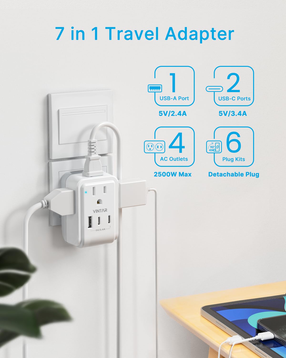 Vintar Universal Travel Adapter Kit, International Power Adapter With 4 Ac & 3 Usb Ports(2 Usb C), Type A,B,C,E/F,G,I, Swap Adap