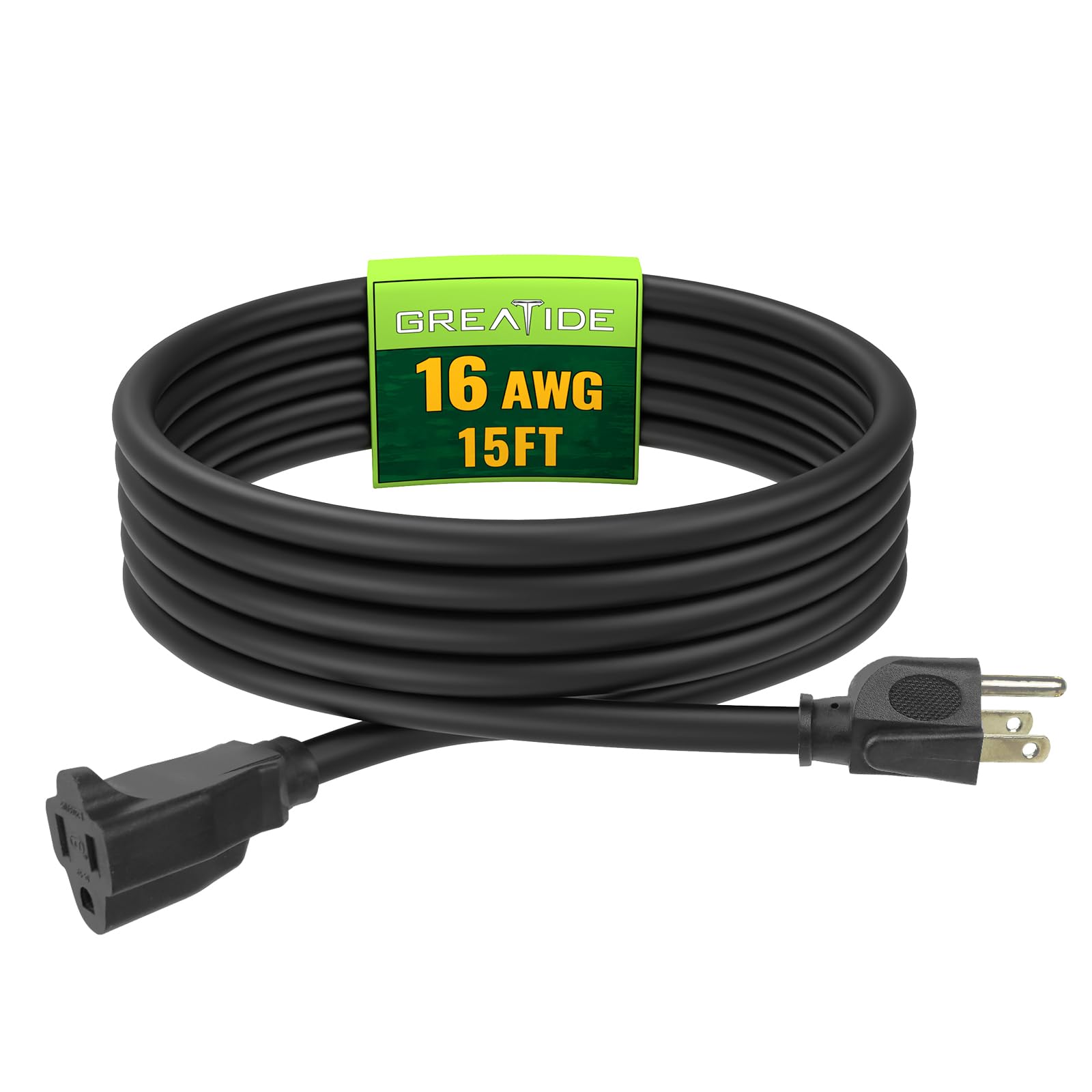 Greatide Indoor Outdoor Extension Cord 15 Ft, 16/3 Sjtw Weatherproof Black Electrical Cords, 13 Amp Heavy Duty 3 Prong Power Cab