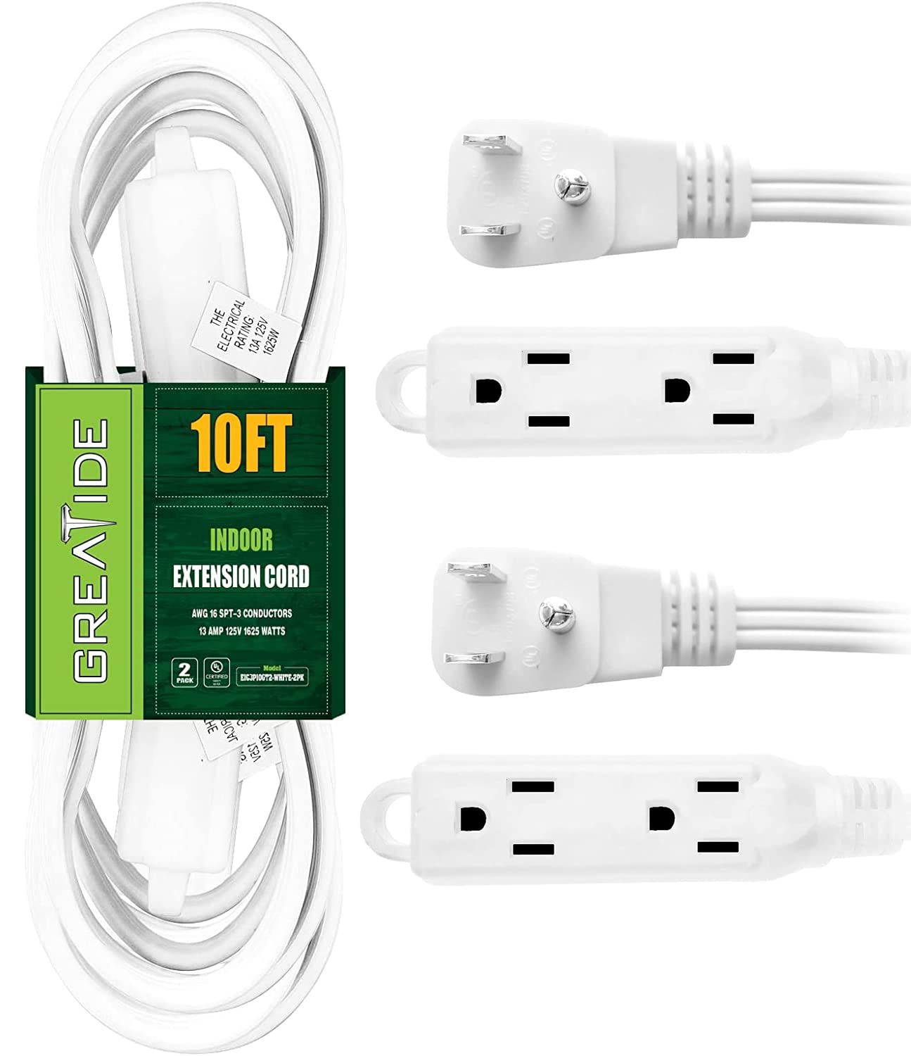 Greatide 10 Ft 3 Outlet Extension Cord With Flat Plug, 3 Prong Grounded, 16/3 Spt 3 Power Cable For Indoor Use, White, 2 Pack