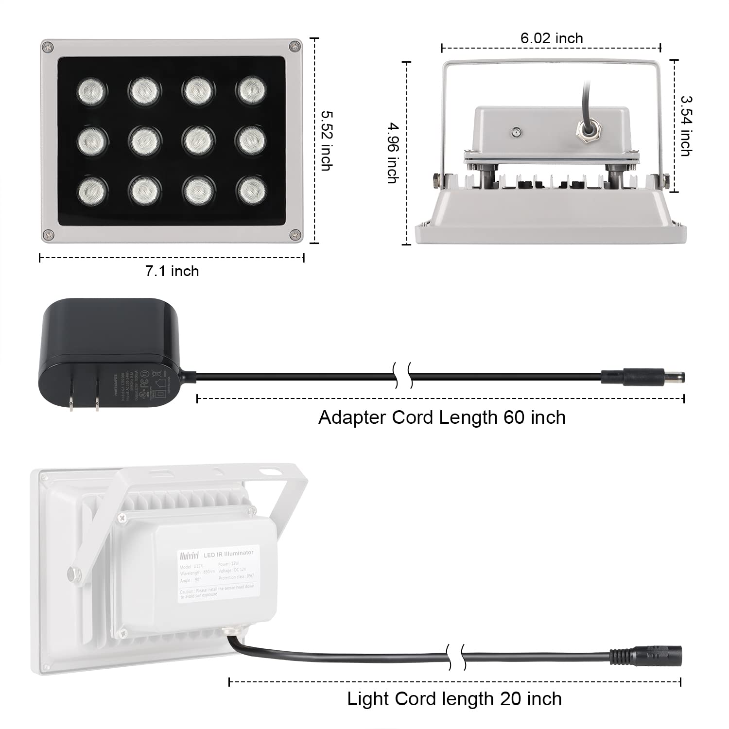 Univivi Ir Illuminator, 850Nm 12 Leds Wide Angle Ir Illuminator For Night Vision, Waterproof Led Infrared Light With 12V Dc Powe