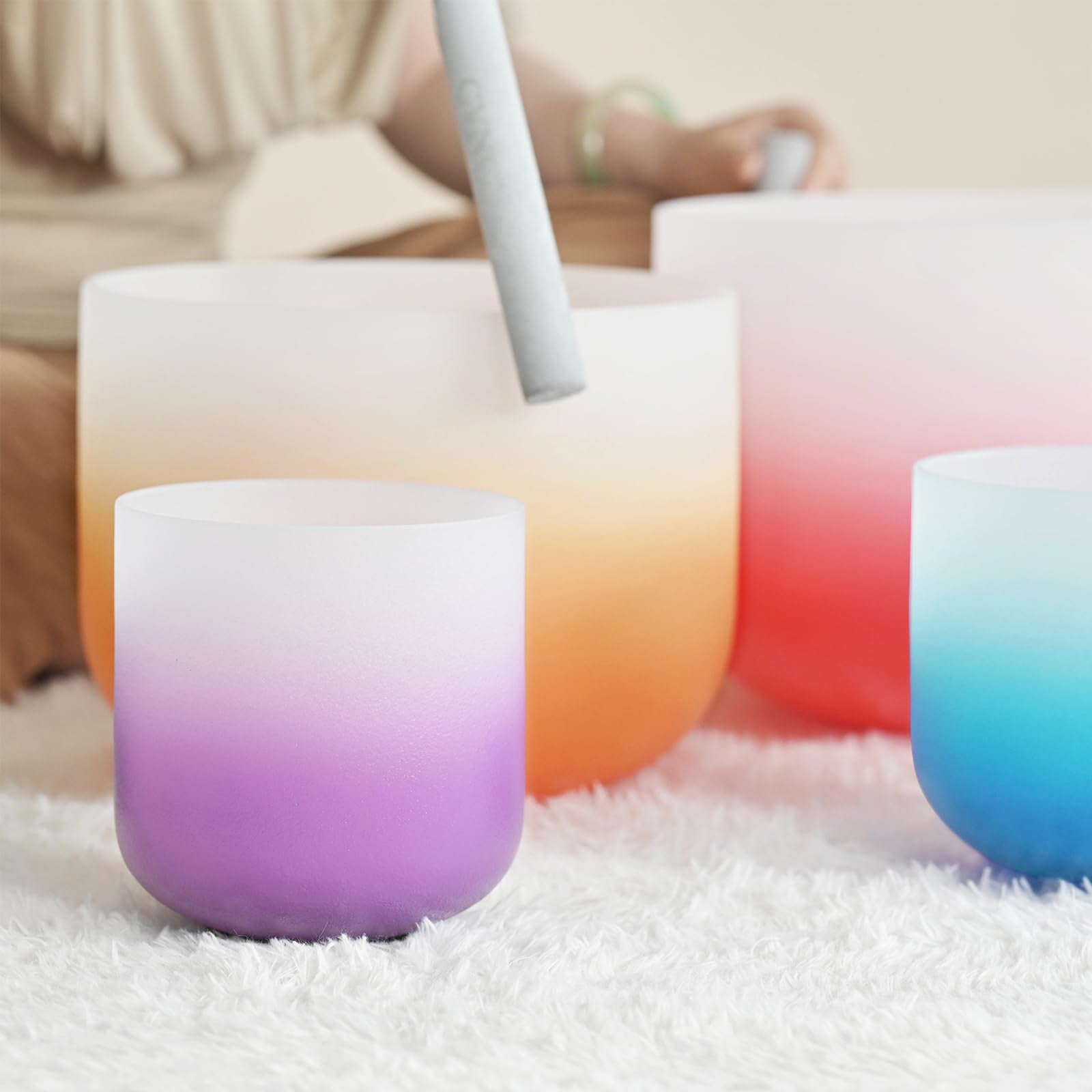 Cvnc 432Hz 6 12 Inch Set Of 7 Pcs Aria Gradient Design Frosted Quartz Crystal Singing Bowls With 2 Pcs Carry Case Bag For Sound