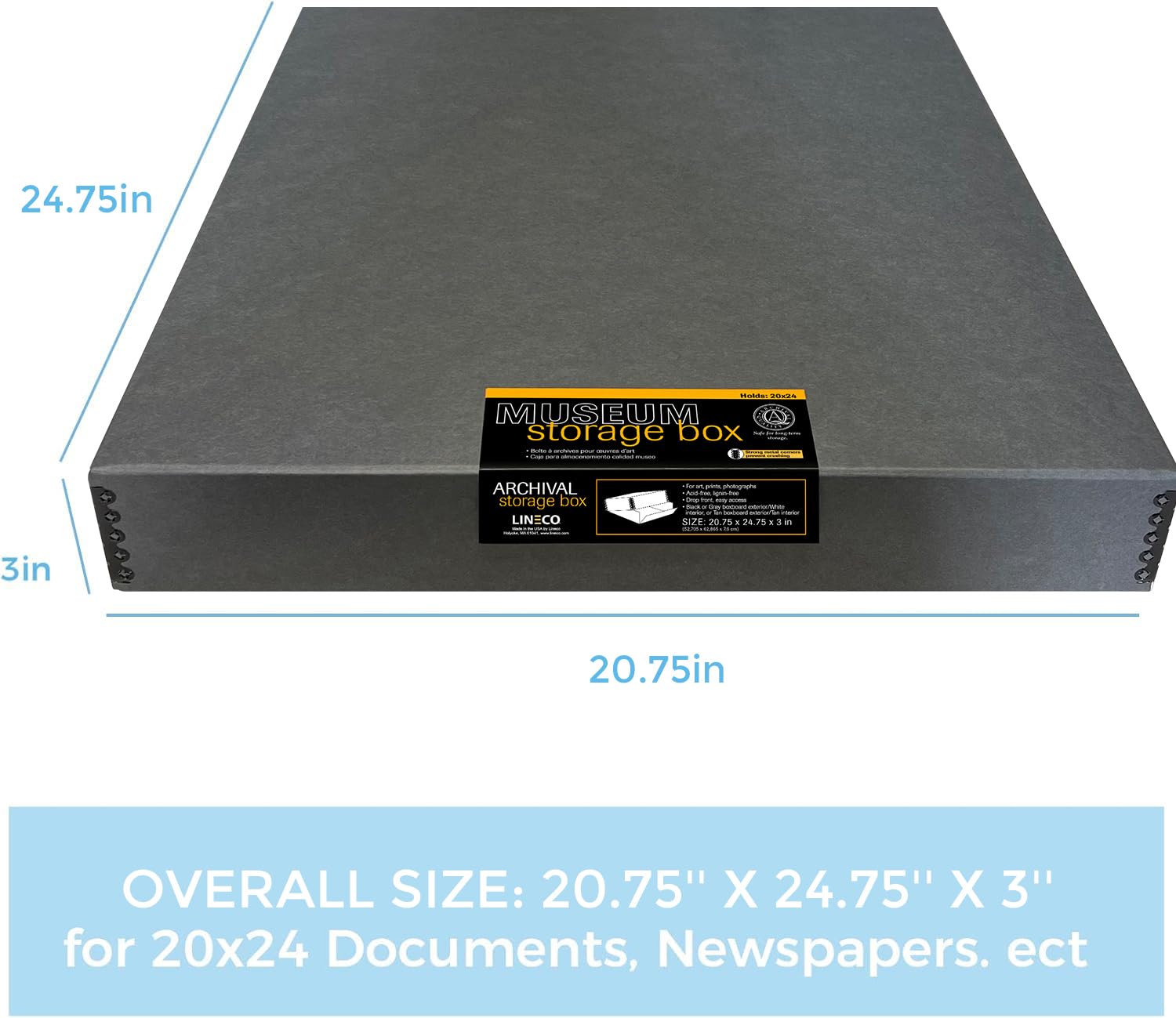 Lineco Museum Archival Storage Box, 20.75X24.75X3 In. Drop Front Design. Acid Free With Metal Edge. Organize Photos, Pictures, Prints, Documents, Crafts, Diy. Gray, 1 Pack