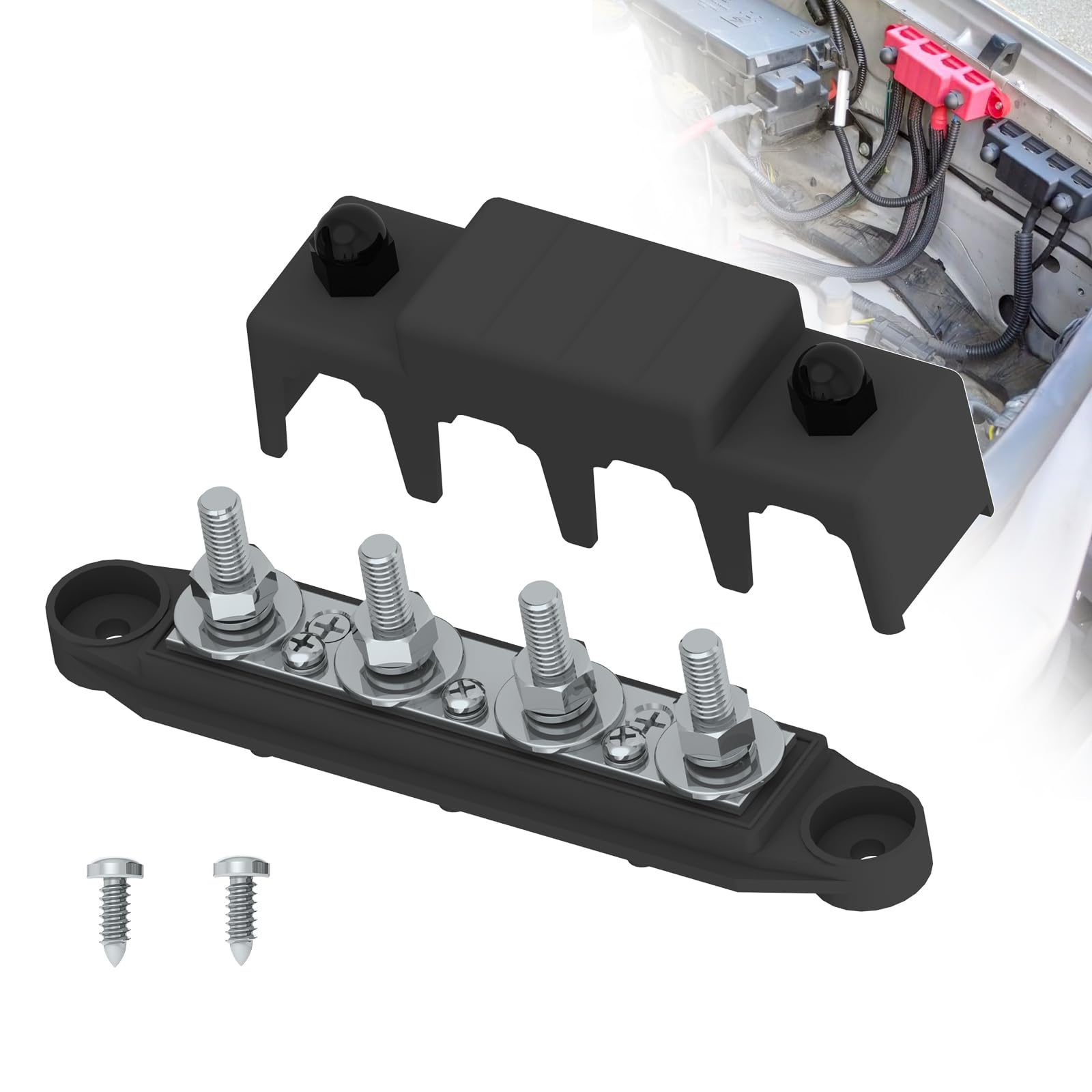 Bus Bar 250A 12V Power Distribution Block With 5/16'' (M8) 4 Posts Terminals Block With Cover For Automotive, Marine, Battery Sy