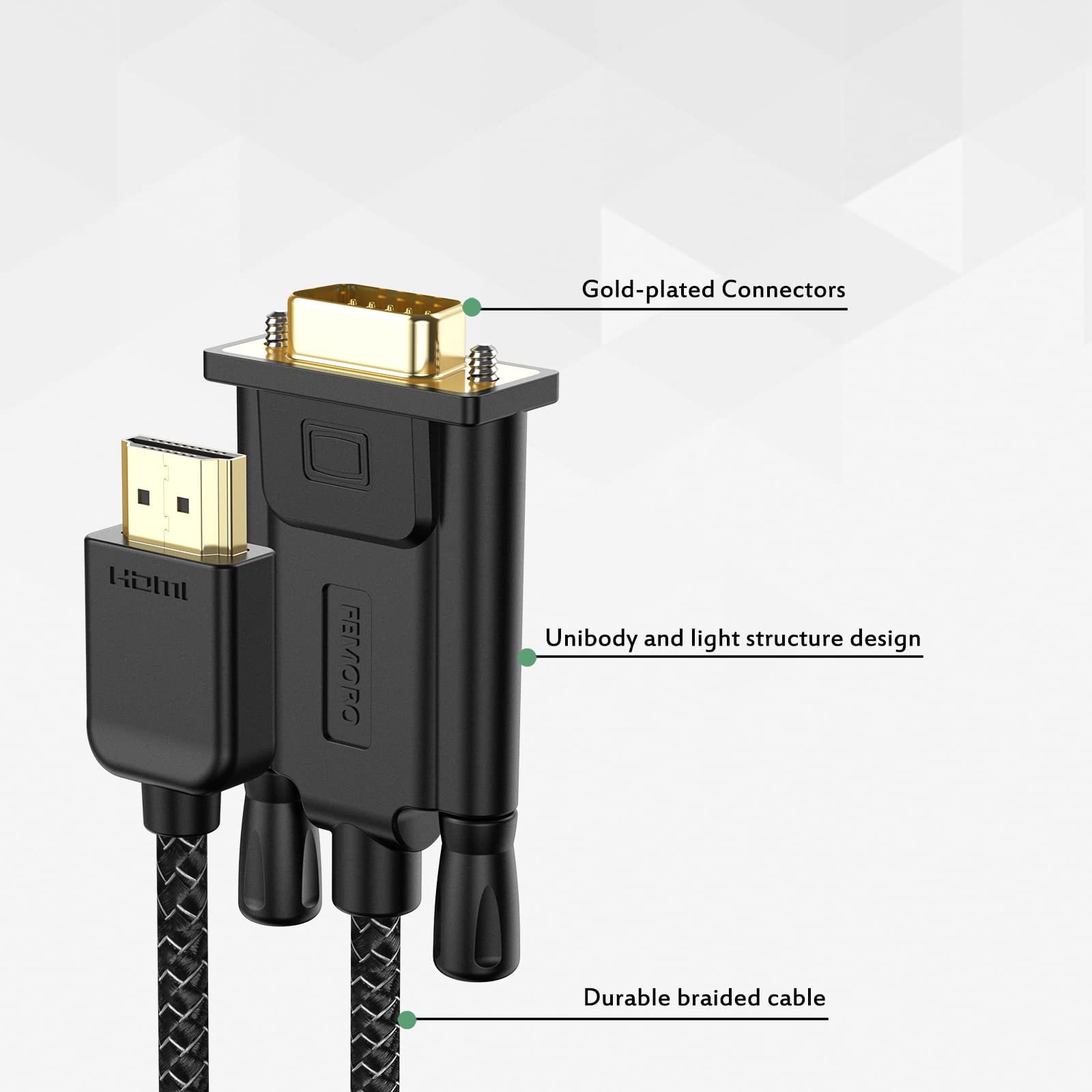 Femoro Hdmi To Vga Cable 6 Feet Male To Male Braided Cord 1080P@60Hz For Monitor, Computer, Desktop, Laptop, Pc, Projector, Hdtv, Game Device And More