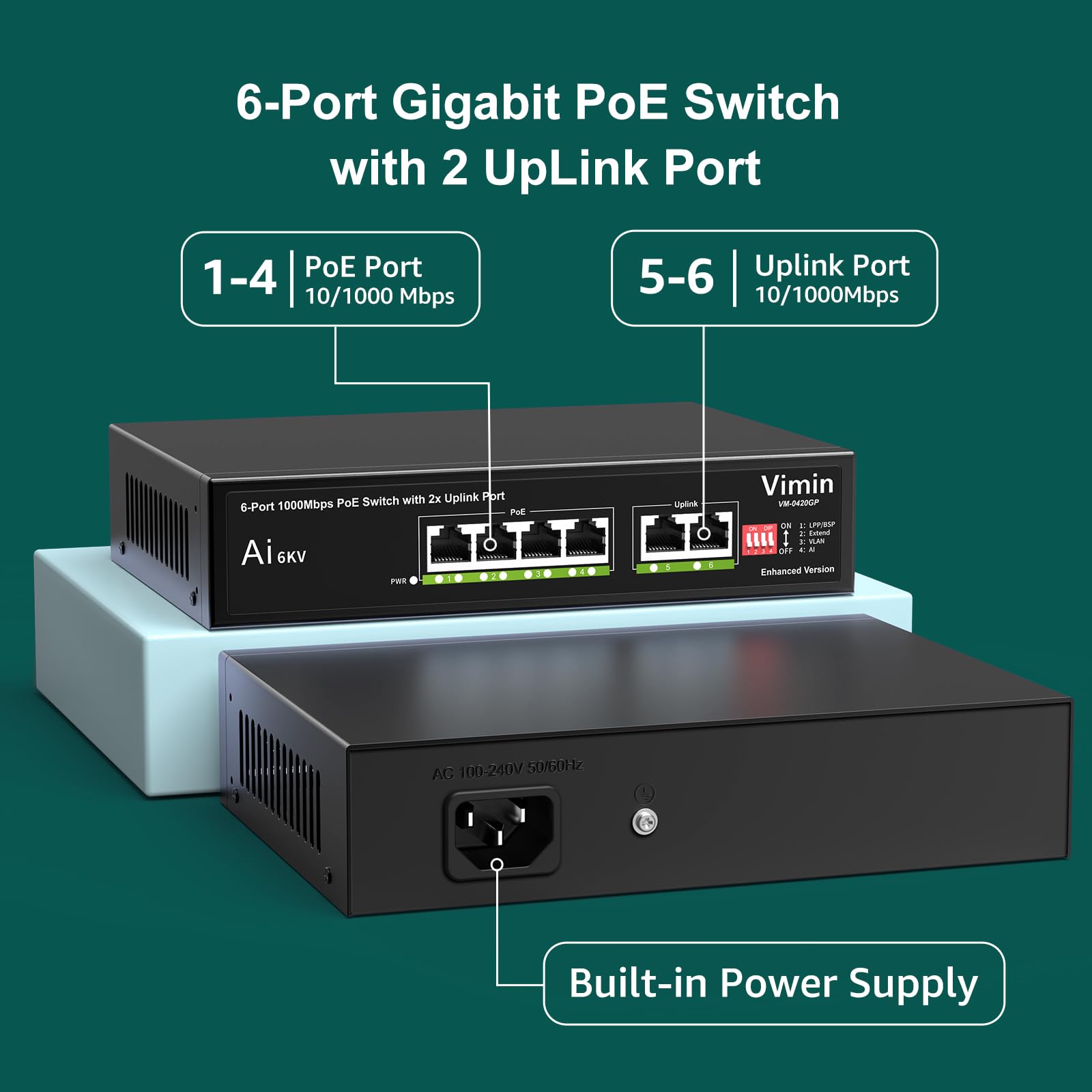 [Upgraded] 6 Port Gigabit Poe Switch With 4 Port Poe, Vimin 4 Port Unmanaged 10/100/1000Mbps Network Poe Switch With 2 Uplink Po