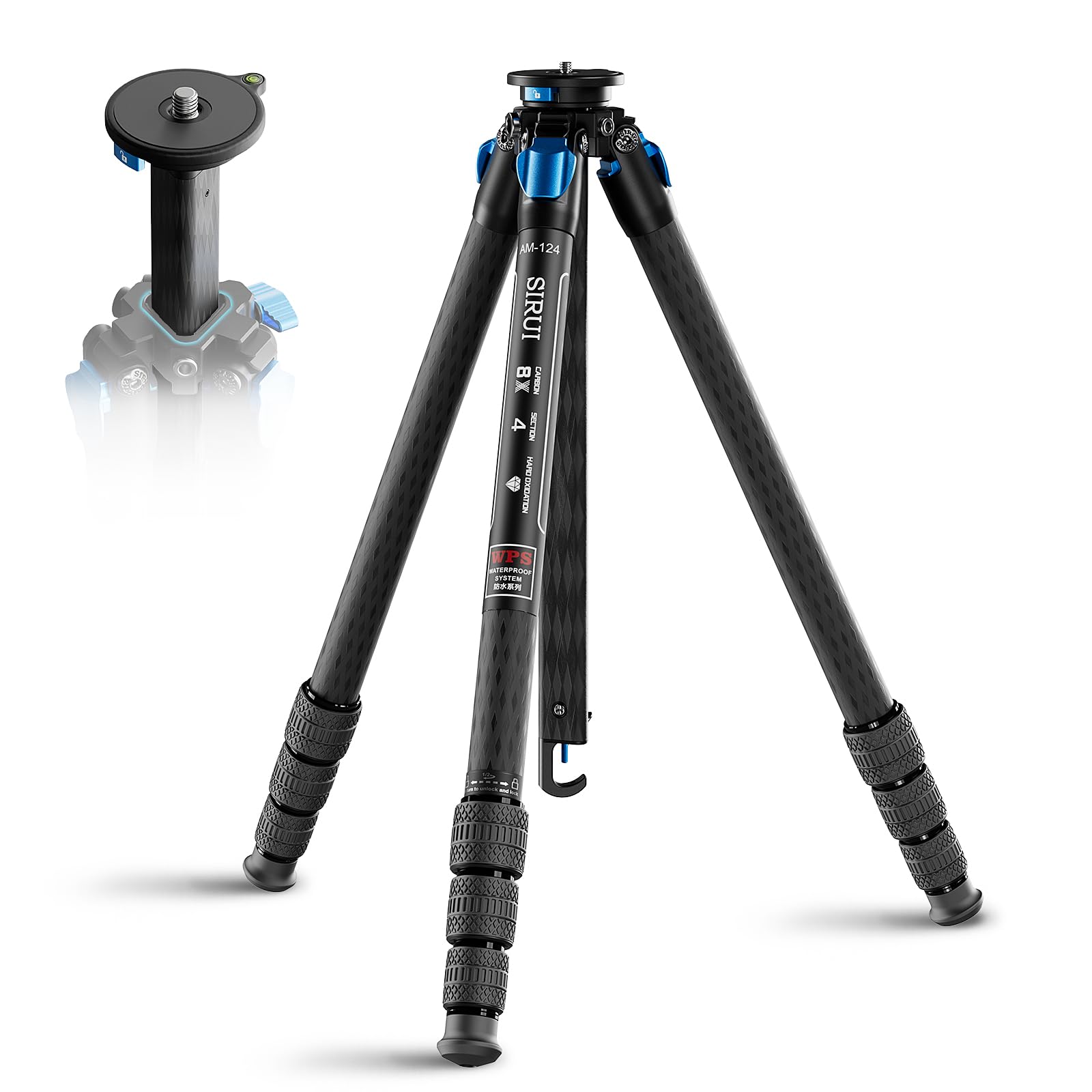 Sirui Am 124 Carbon Fiber Tripod With Triangular Center Column, 62.6' Compact Traveltripod For Camera, 4 Sections, Waterproof Twist Lock, Load 26.5Lbs