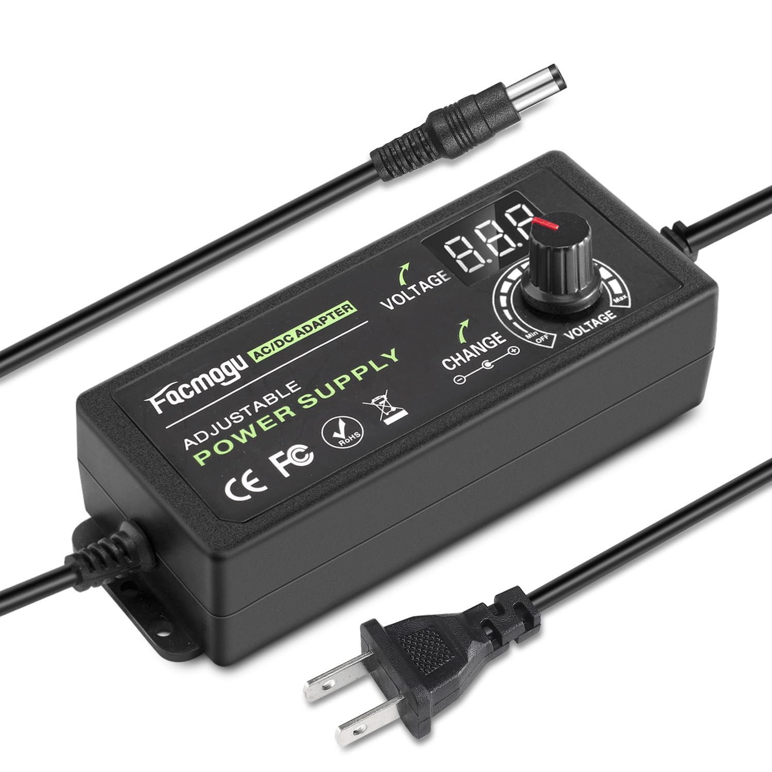 Facmogu 9V-24V 3A 72W Adjustable Power Adapter with LED Display, Multi-Voltage 100V-240V AC to DC 9V 12V 15V 16V 18V 19V 20V Uni