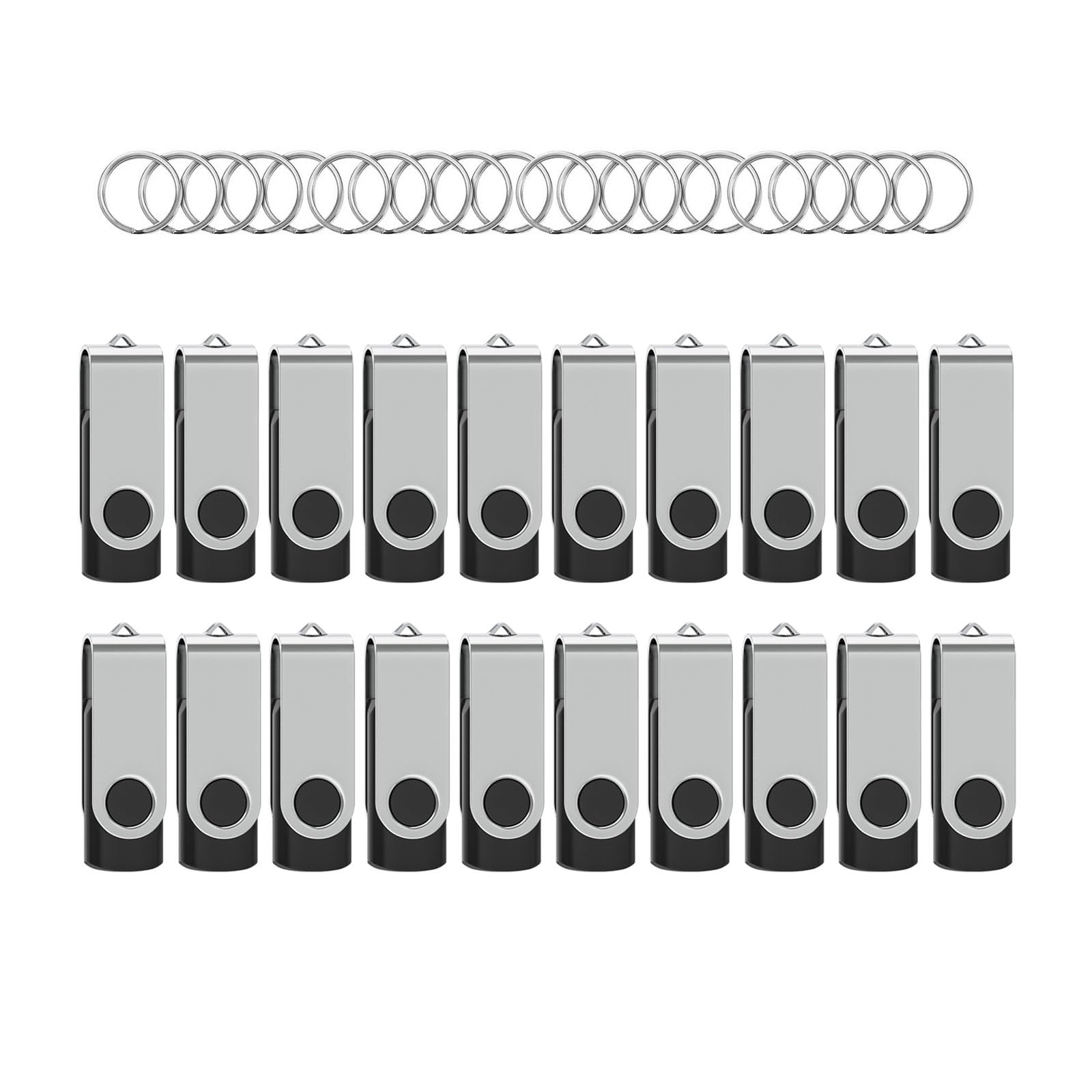 Flash Drives 128Mb 20 Pack With Keychains, Wooolken Swivel Usb 2.0 Thumb Drives Bulk Usb Drive Memory Stick Usb Stick Pack (Blac