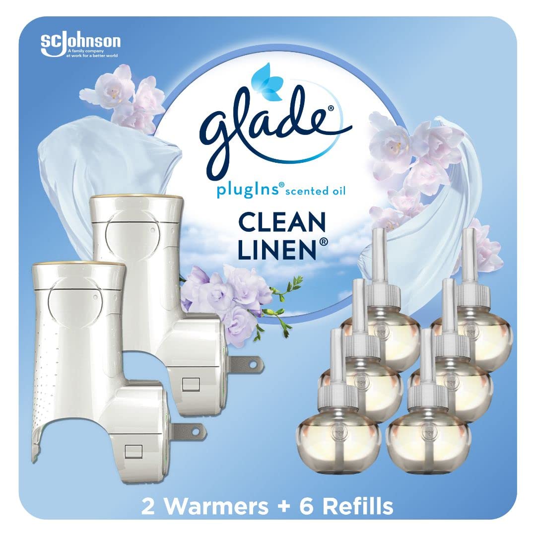 Glade Plugins Air Freshener Starter Kit, Scented And Essential Oils For Home And Bathroom, Clean Linen, 4.02 Fl Oz, 2 Warmers An