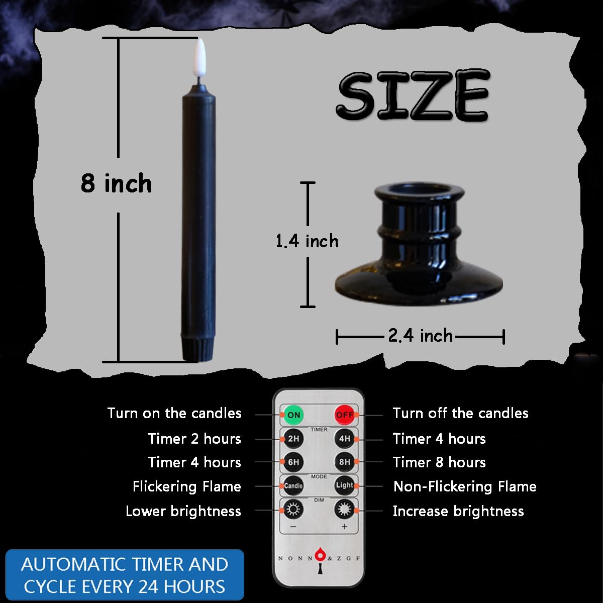 Nonno & Zgf 6Pack Real Wax Black Flameless 8'' Battery Powered Windows Candles With Remote And Timer & Candlestick. Removable Bl