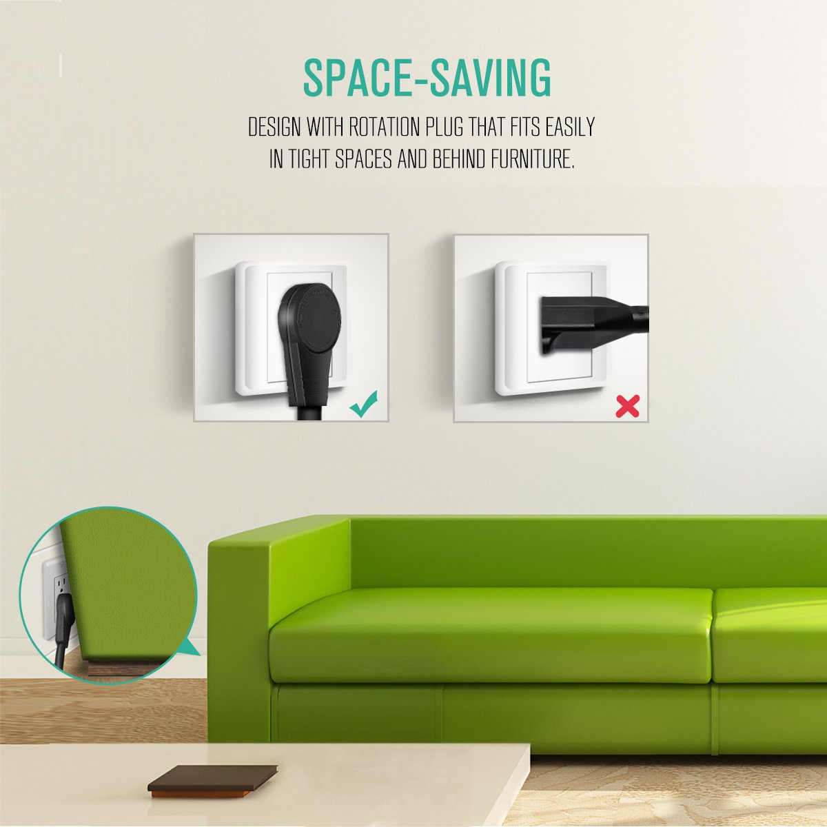 Nekteck 360 Rotating Flat Plug Extension Cord 1 Foot, 14Awg 3 Prong Extension Cord, Low Profile Right Angle Power Cord, Flat Ext