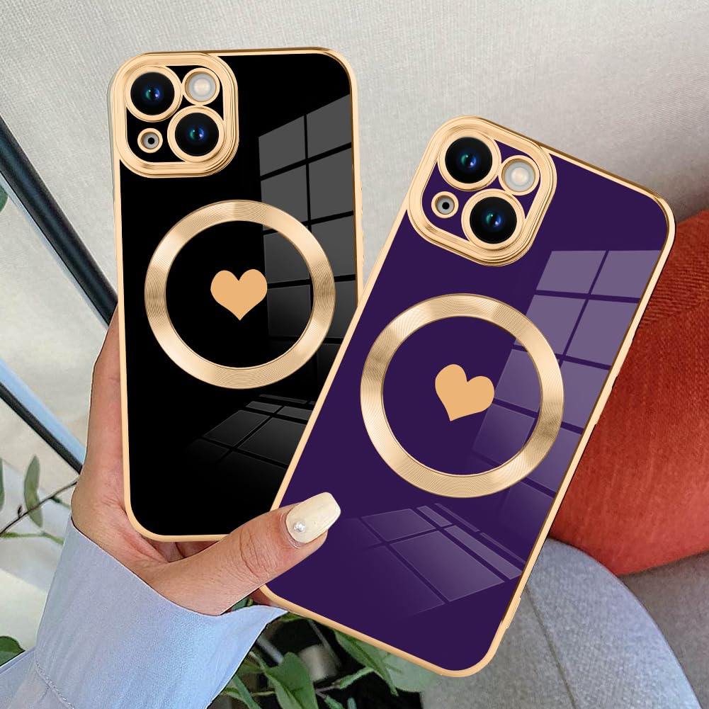 Tharlet Magnetic Shockproof For Iphone 15 Case [Compatible With Magsafe] Cute Love Luxury Plating Edge Bumper Case With Full Cam
