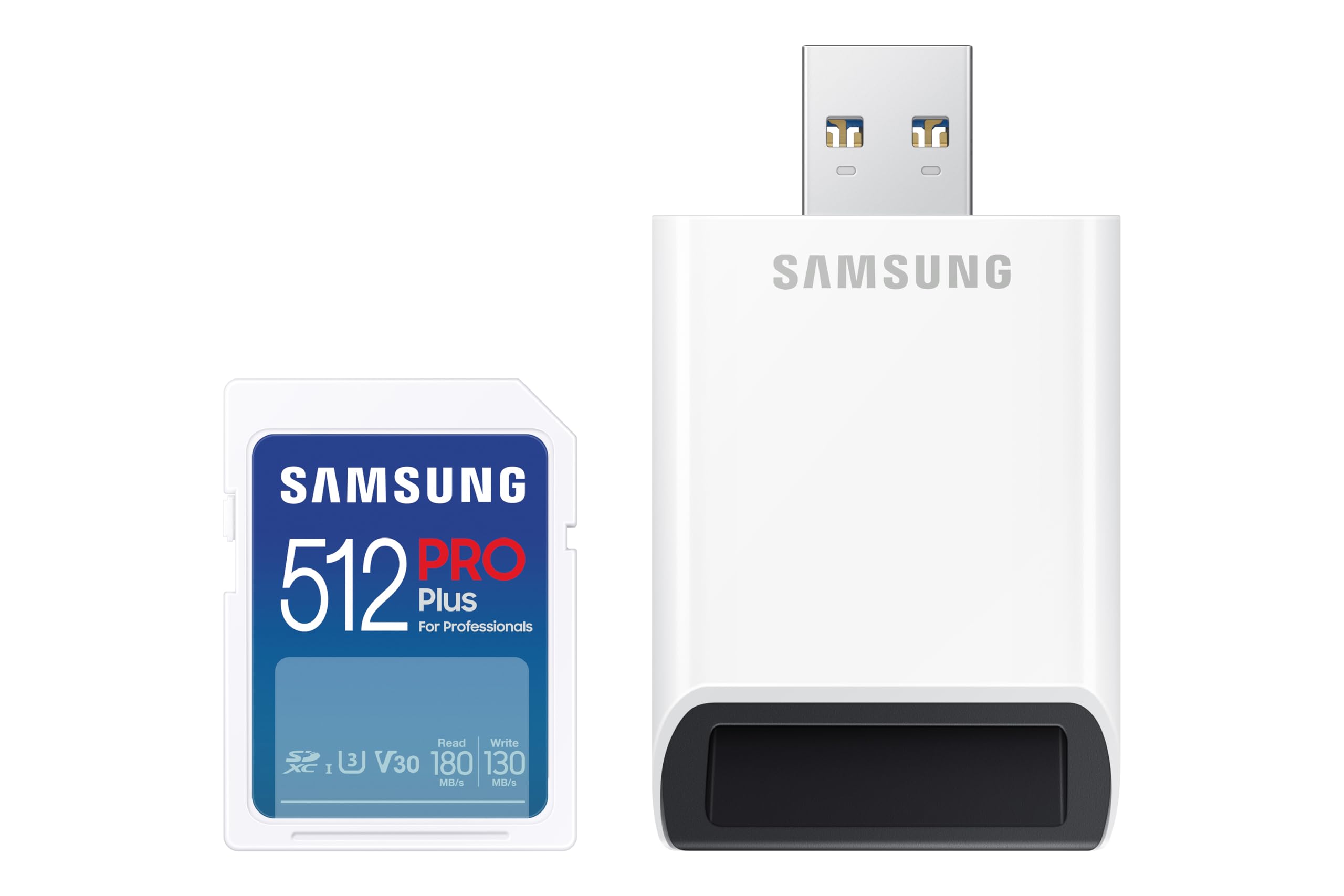 SAMSUNG PRO Plus Full Size 512GB SDXC Memory Card + Reader, Up to 180 MB/s Reads/Writes, Full HD & 4K UHD, UHSI, C10, U3, V30 f