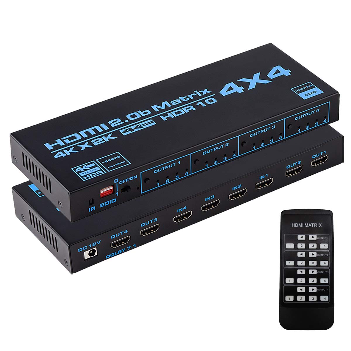 Enbuer Hdmi Matrix Switch 4X4, 4K Hdmi Matrix Switcher Splitter 4 In 4 Out Box With Edid Extractor And Ir Remote Control Support 4K Hdr, Hdmi 2.0B, Hdcp 2.2, 4K@60Hz, 3D, Yuv 4:4:4