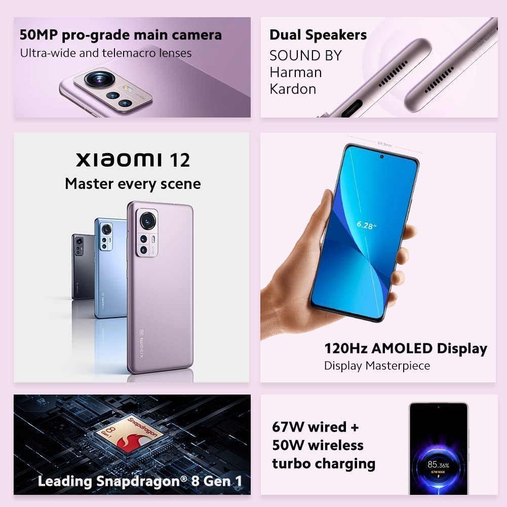 Xiaomi 12 5G + 4G Lte 128Gb + 8Gb Snapdragon 8 Gen 1 Global Unlocked 50Mp Pro Grade Camera (Tmobile Mint Tello Global) + (W/Fast