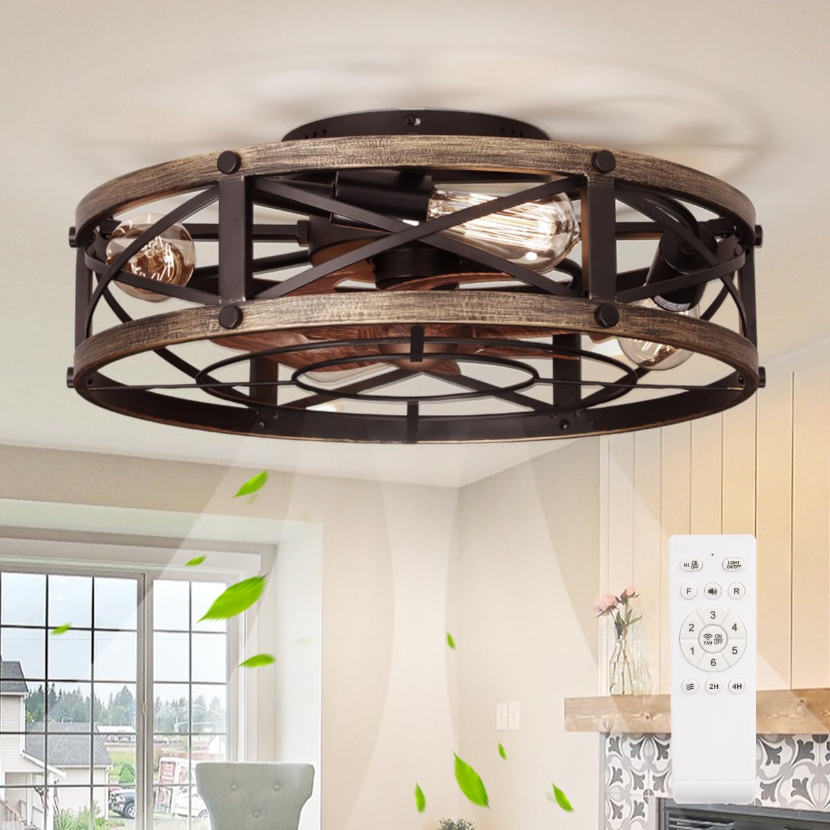 Shluce Farmhouse Flush Mount Caged Ceiling Fans With Lights, 6 Speeds, Rustic Low Profile Ceiling Fan With Light And Remote, Sma