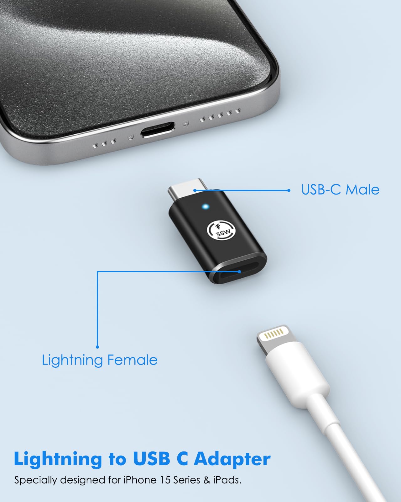 MoKo Lightning Female to USB C Male Adapter 2Pack,Lightning USB C Adaptor for iPhone 15/16 Pro/16 Pro Max/Plus,Galaxy S24,iPad, iPhone to USB C Adapter for Fast Charging, NOT for Headphone, Black 35W